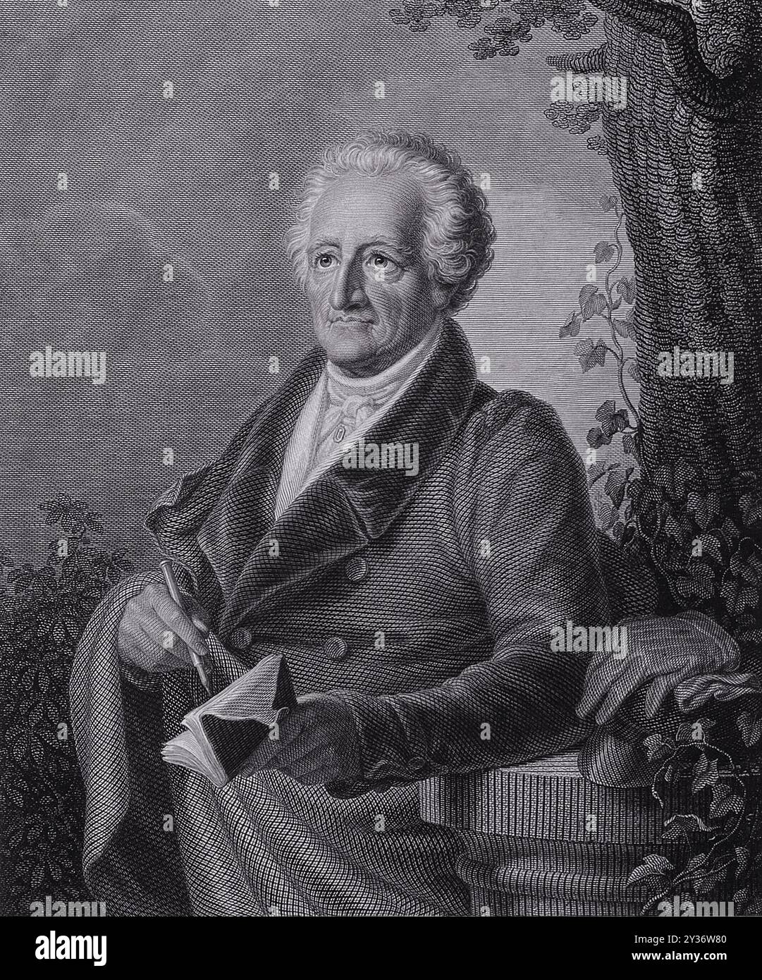 L'œuvre montre Johann Wolfgang von Goethe assis dans un cadre naturel, engagé avec un livre, mettant en valeur son comportement contemplatif dans le paysage tranquille de 1832. Banque D'Images