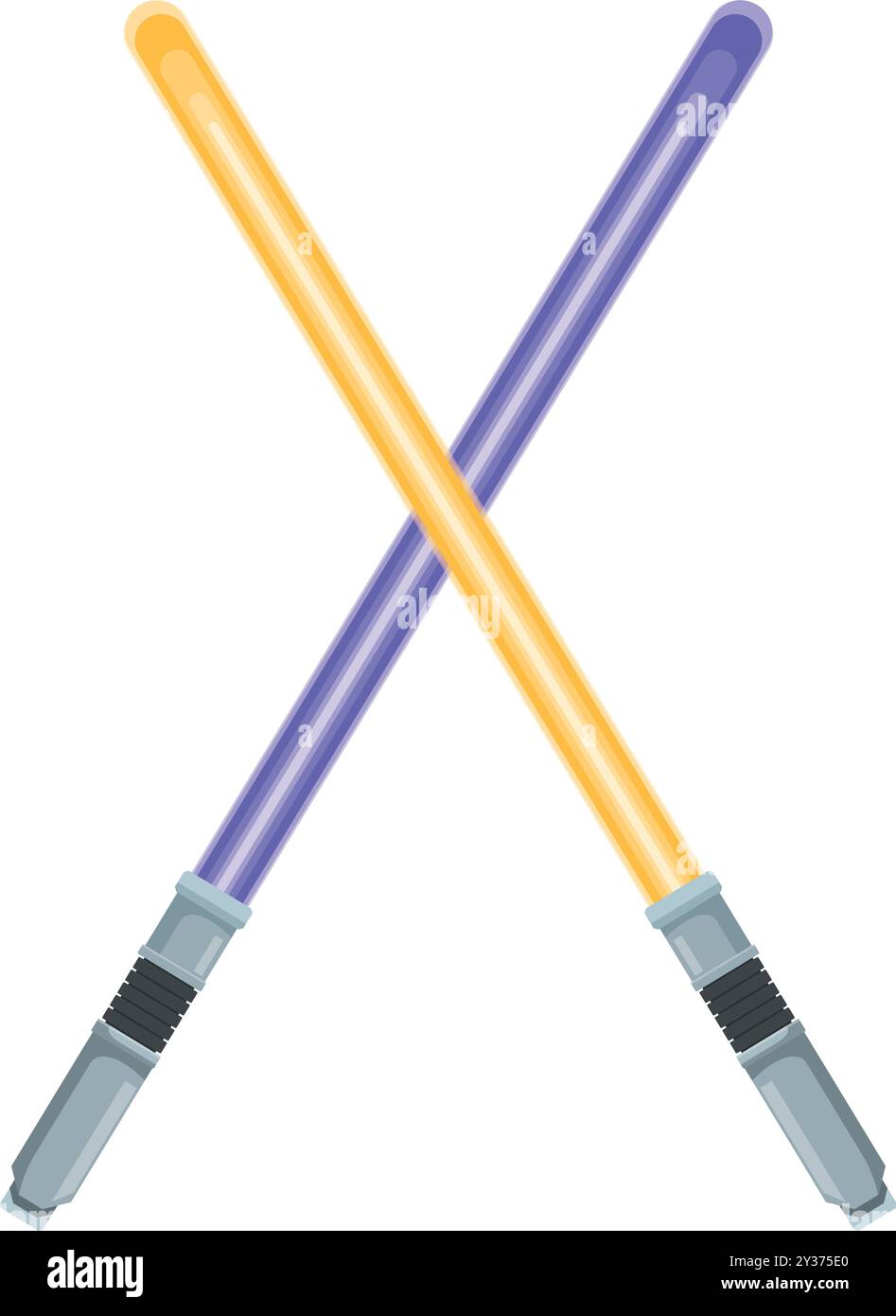 Deux sabres lumineux se croisent en forme de x, ils émettent une lumière bleue et jaune Illustration de Vecteur