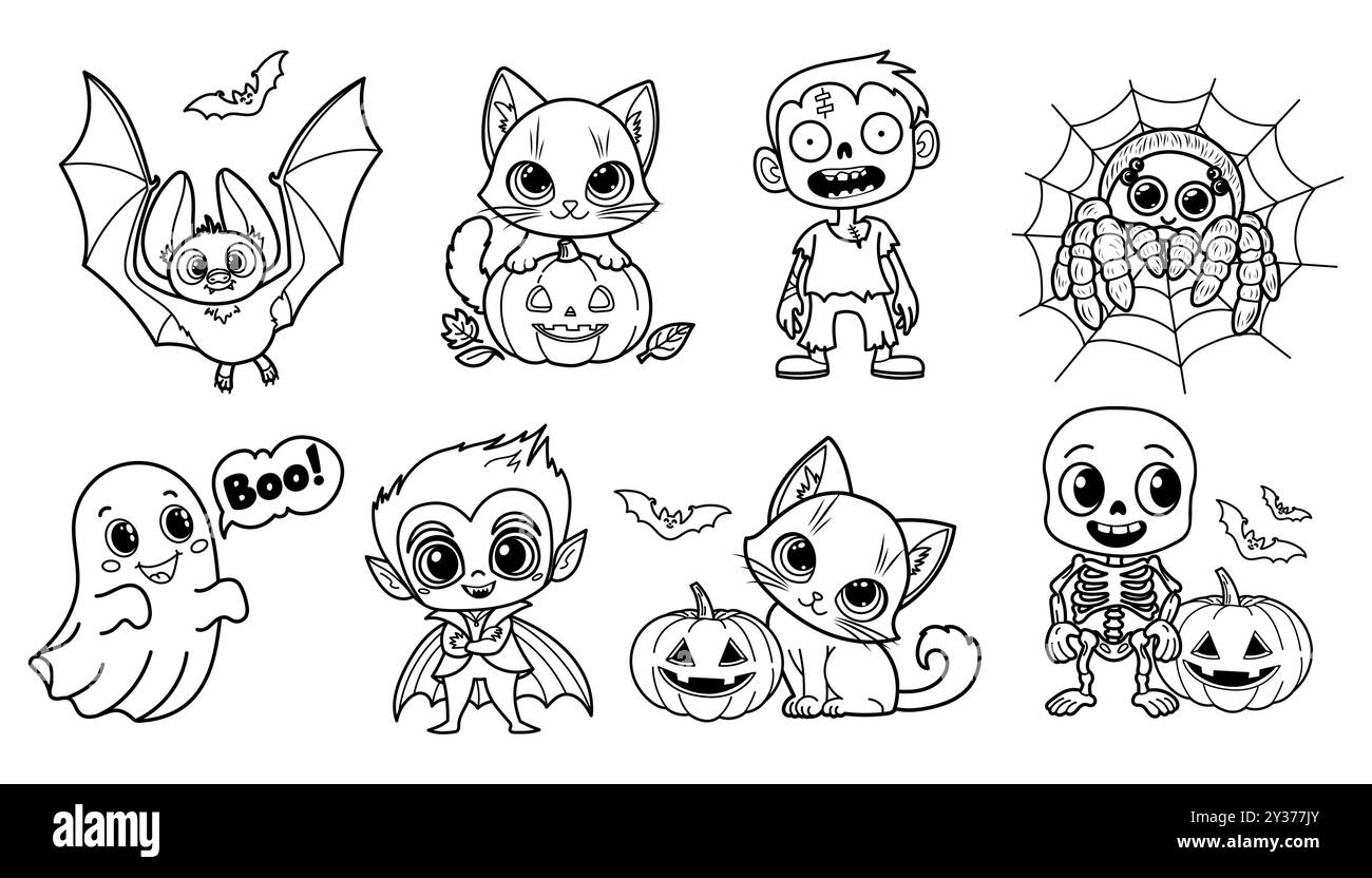 Illustration sur le thème d'Halloween avec de mignons personnages effrayants. Chauve-souris, fantôme, zombie, squelette, vampire, araignée et chatons Illustration de Vecteur