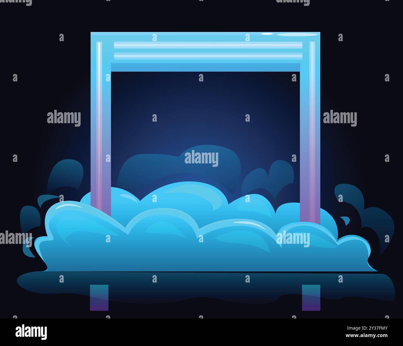 Portail lumineux carré avec des néons bleus debout sur les nuages dans l'espace sombre Illustration de Vecteur