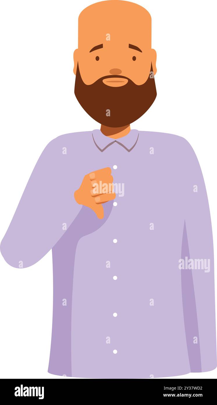 Triste homme barbu avec une tête rasée portant une chemise violette montrant des pouces vers le bas un geste désapprouvant Illustration de Vecteur