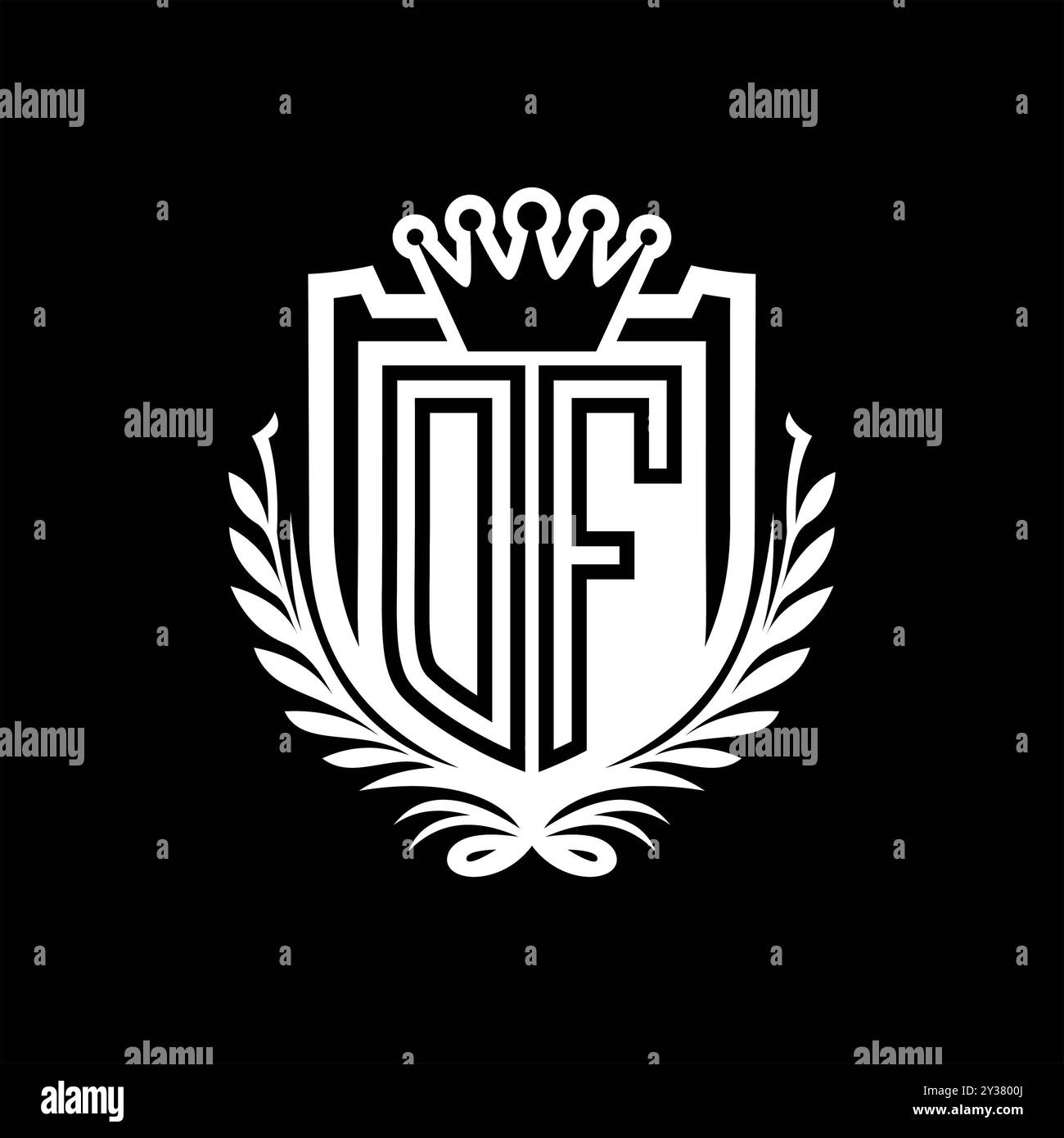 DF lettre logo forme de bouclier héraldique avec couronne, bouclier vintage sur fond noir conception de modèle Banque D'Images