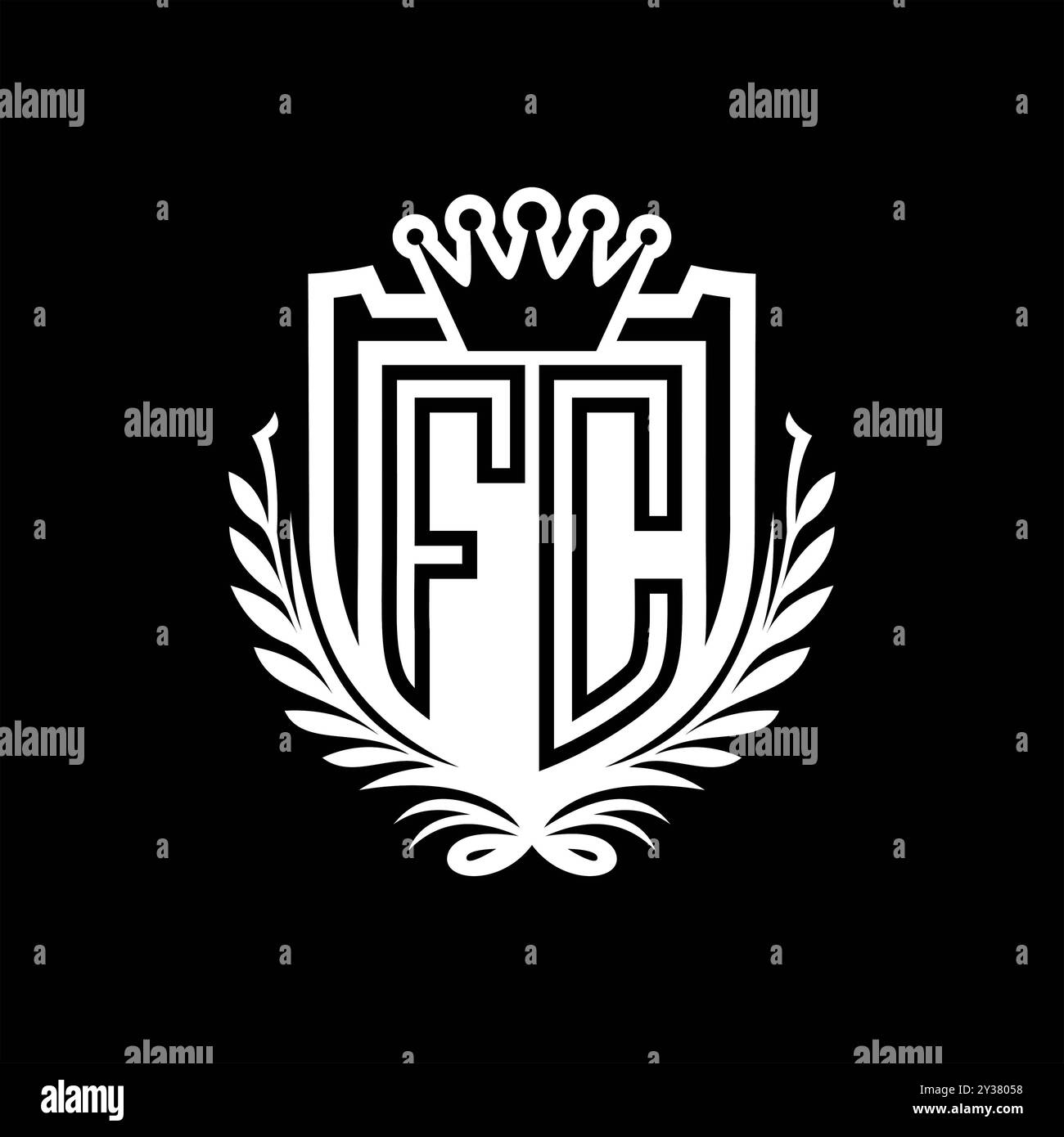 FC lettre logo forme de bouclier héraldique avec couronne, bouclier vintage sur fond noir modèle Banque D'Images