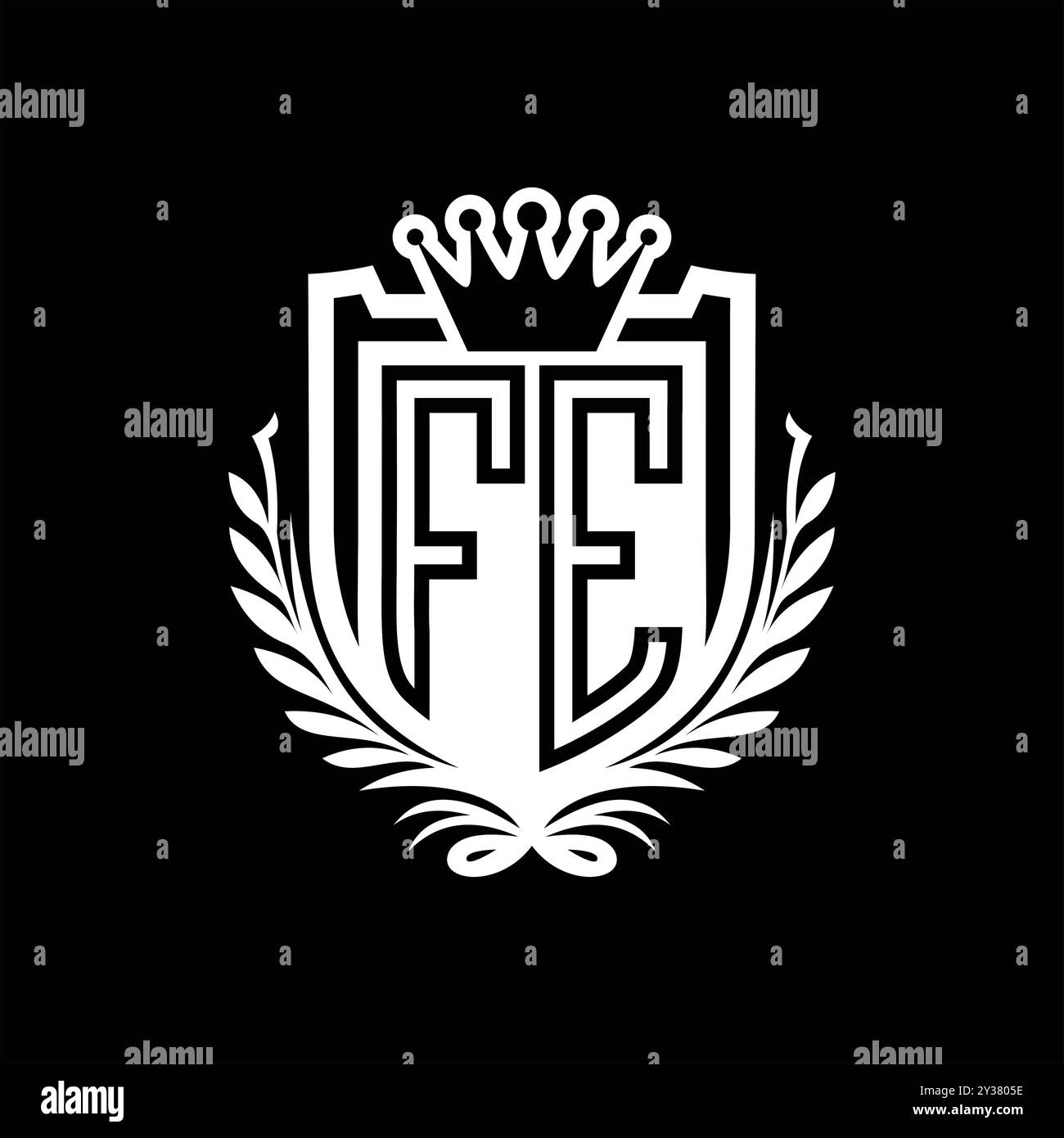 FE lettre logo forme de bouclier héraldique avec couronne, bouclier vintage sur fond noir modèle Banque D'Images