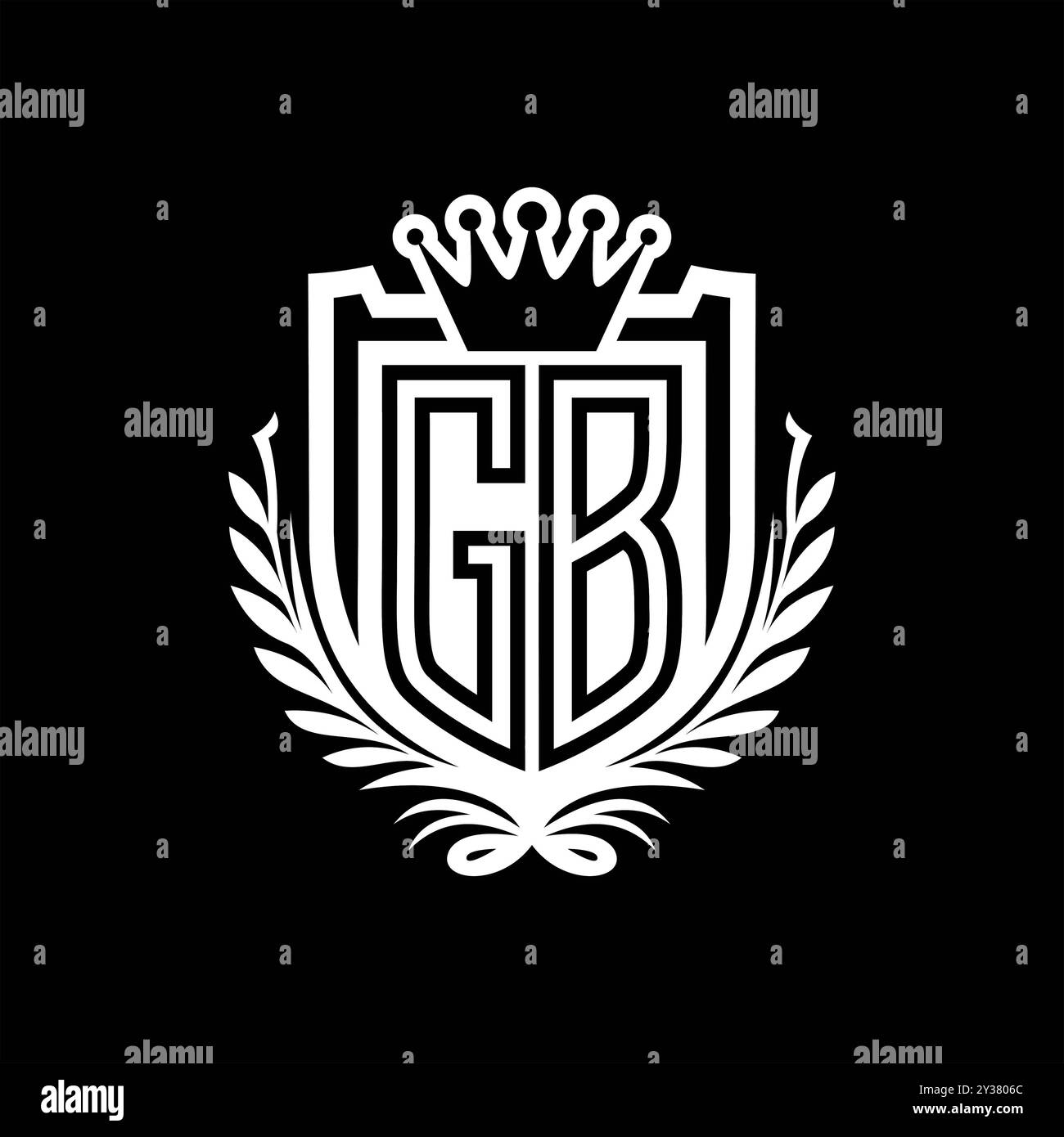 GB lettre logo forme de bouclier héraldique avec couronne, bouclier vintage sur fond noir modèle Banque D'Images