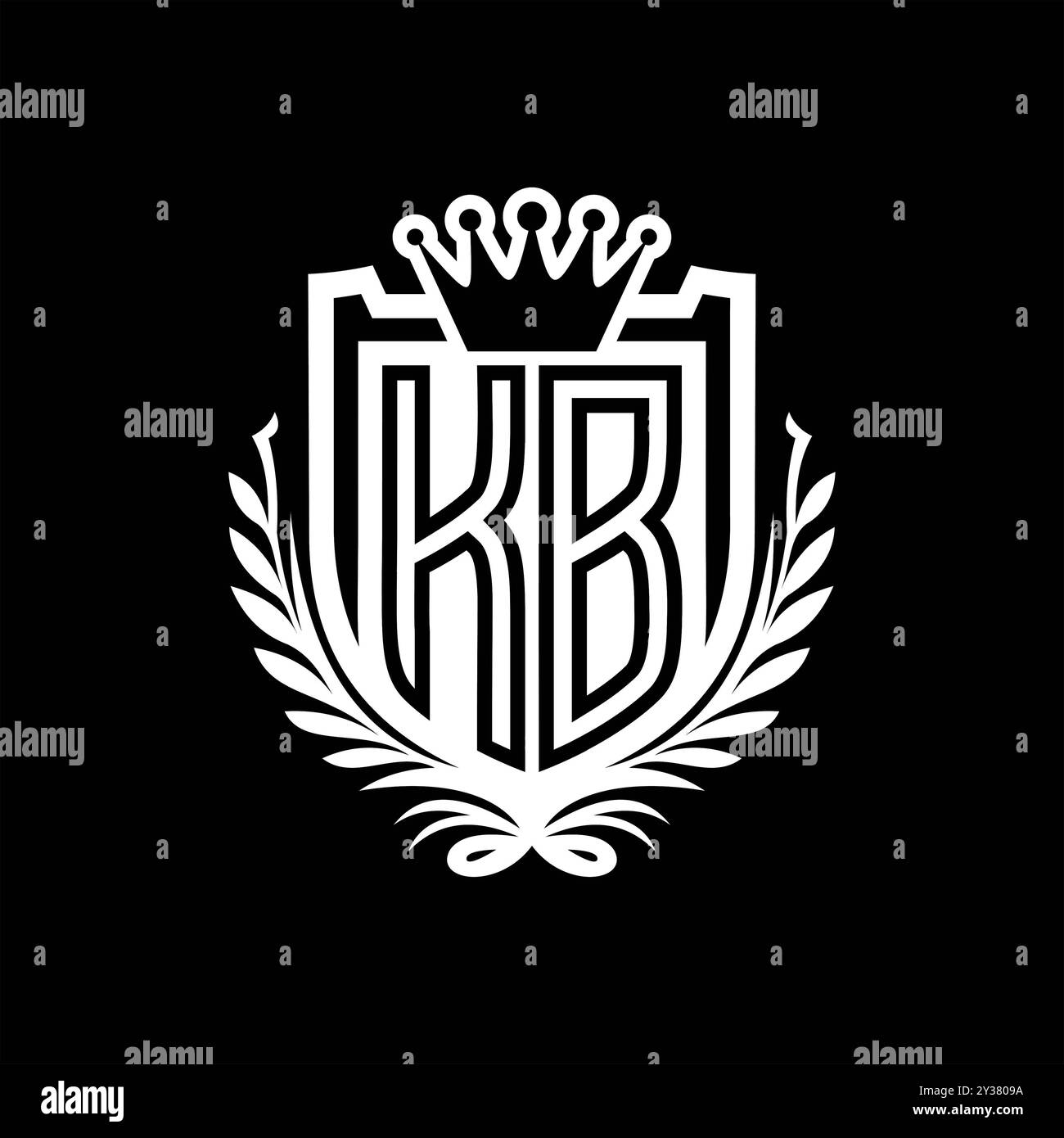 KB lettre logo forme de bouclier héraldique avec couronne, bouclier vintage sur fond noir modèle Banque D'Images