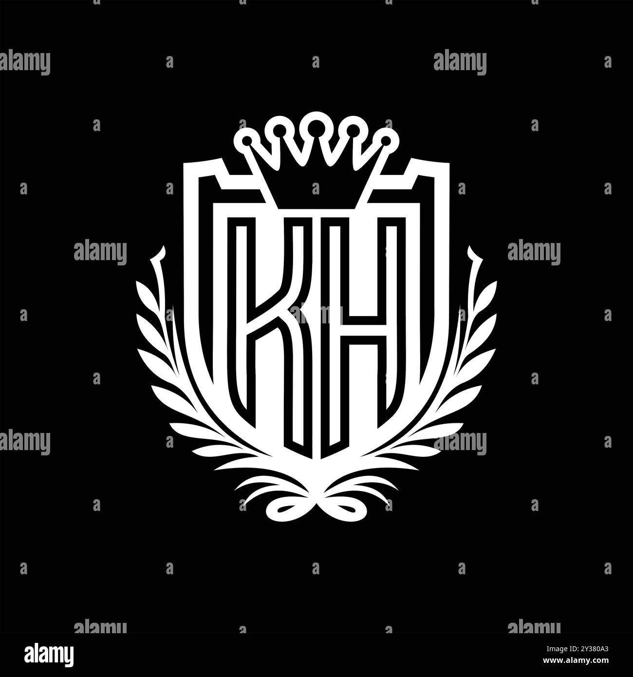 KH lettre logo forme de bouclier héraldique avec couronne, bouclier vintage sur fond noir conception de modèle Banque D'Images