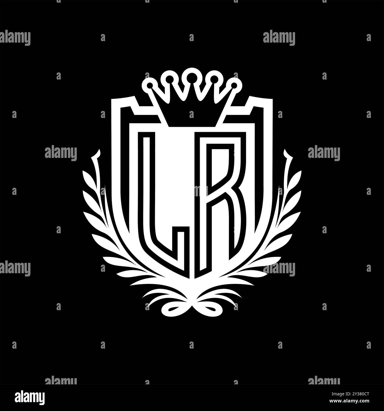 LR lettre logo forme de bouclier héraldique avec couronne, bouclier vintage sur fond noir conception de modèle Banque D'Images