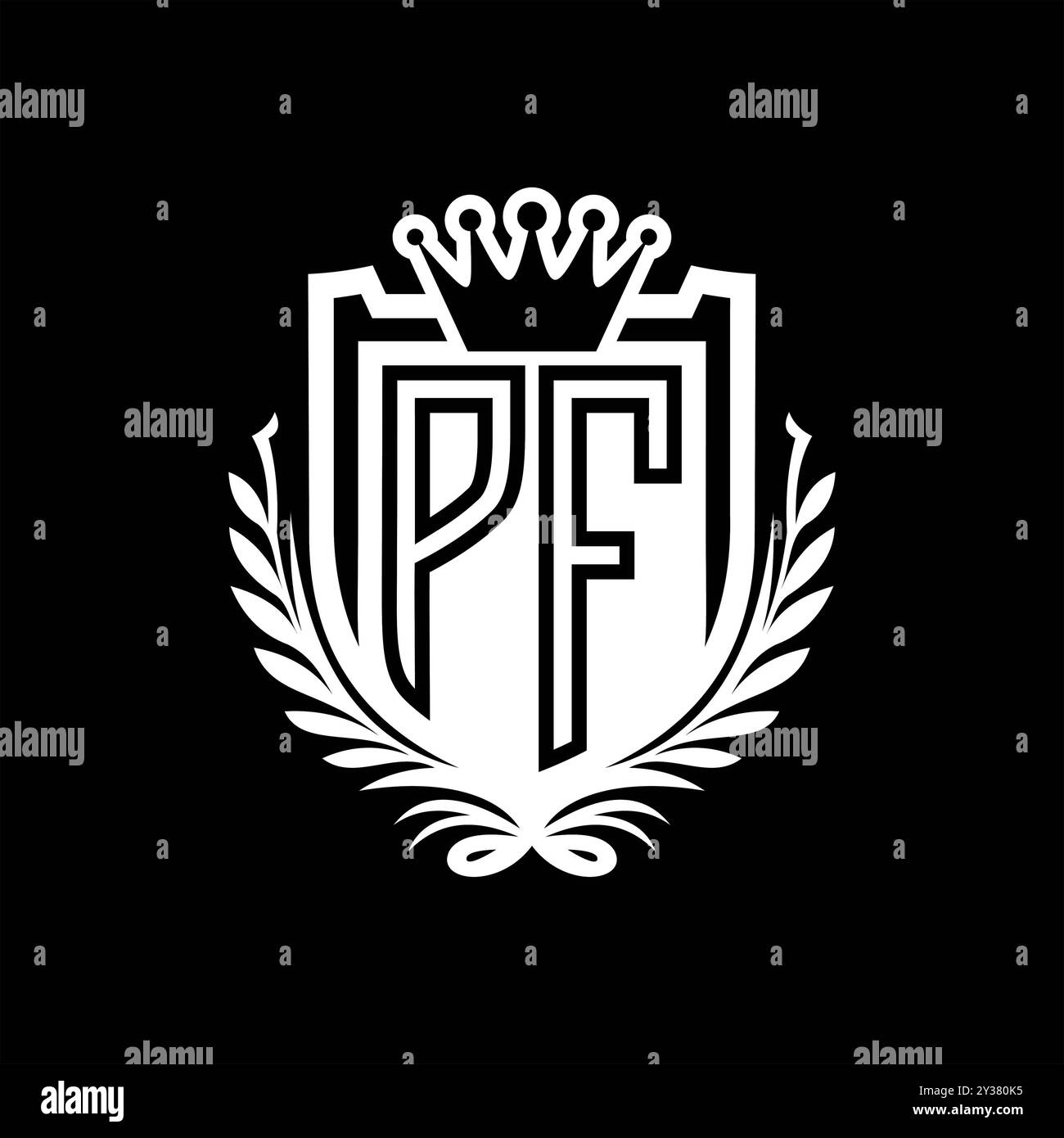 PF lettre logo forme de bouclier héraldique avec couronne, bouclier vintage sur fond noir modèle Banque D'Images