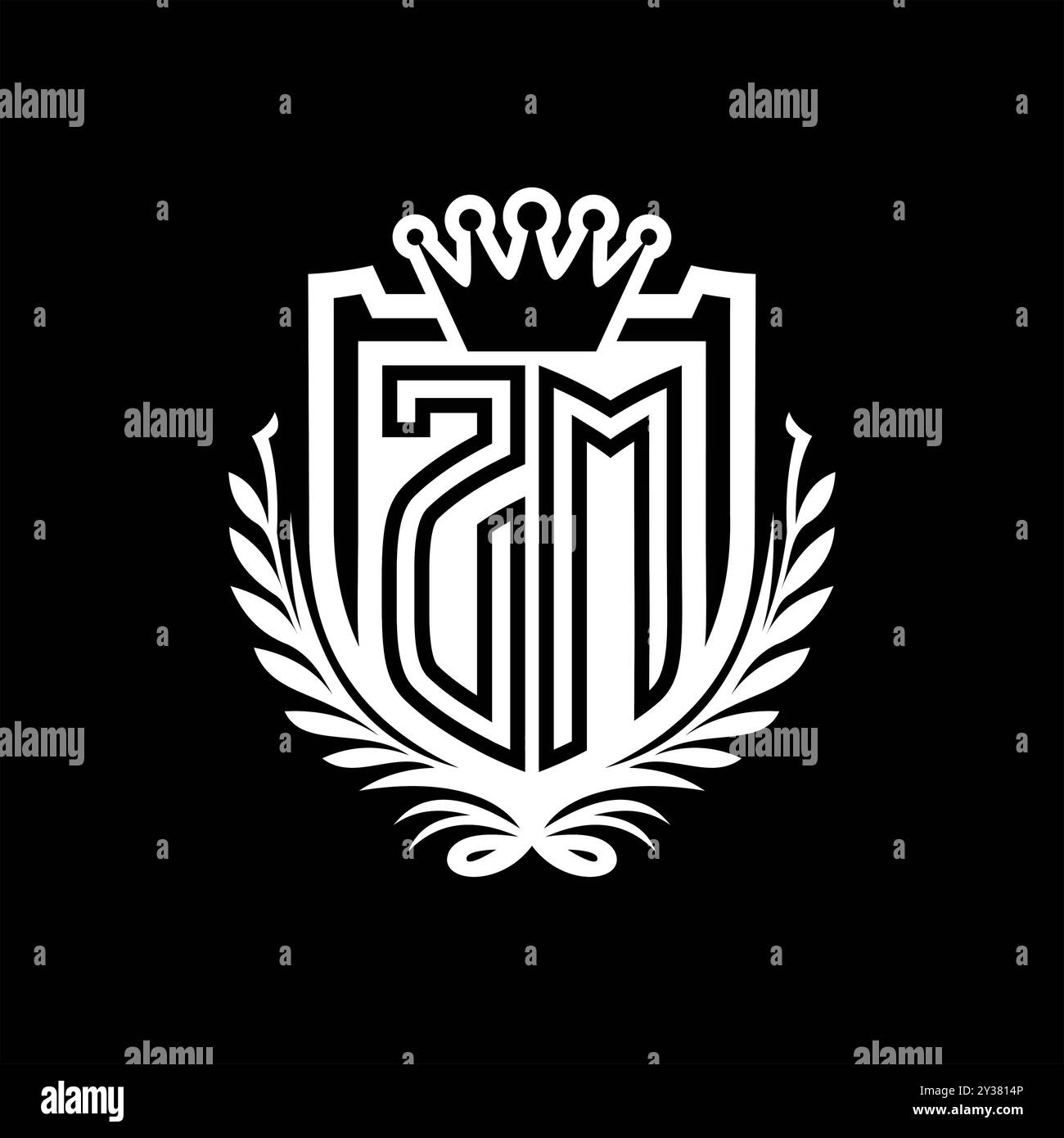 ZM lettre logo forme de bouclier héraldique avec couronne, bouclier vintage sur fond noir modèle Banque D'Images