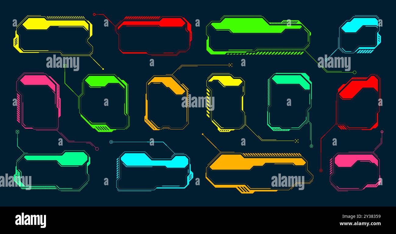 Éléments HUD ou UI futuristes. Zones de texte et légendes de l'interface utilisateur SCI-fi. Cadre de message d'avertissement coloré, modèle de boîtes d'information. Jeu moderne Illustration de Vecteur