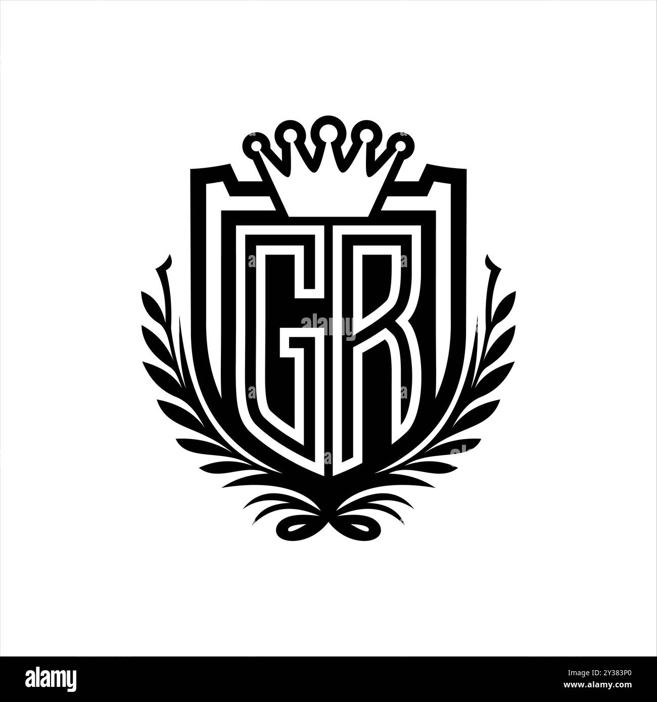 GR lettre logo forme de bouclier héraldique avec couronne, bouclier vintage sur fond blanc modèle Banque D'Images