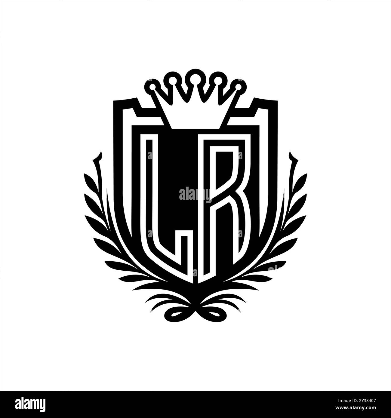 LR lettre logo forme de bouclier héraldique avec couronne, bouclier vintage sur fond blanc conception de modèle Banque D'Images