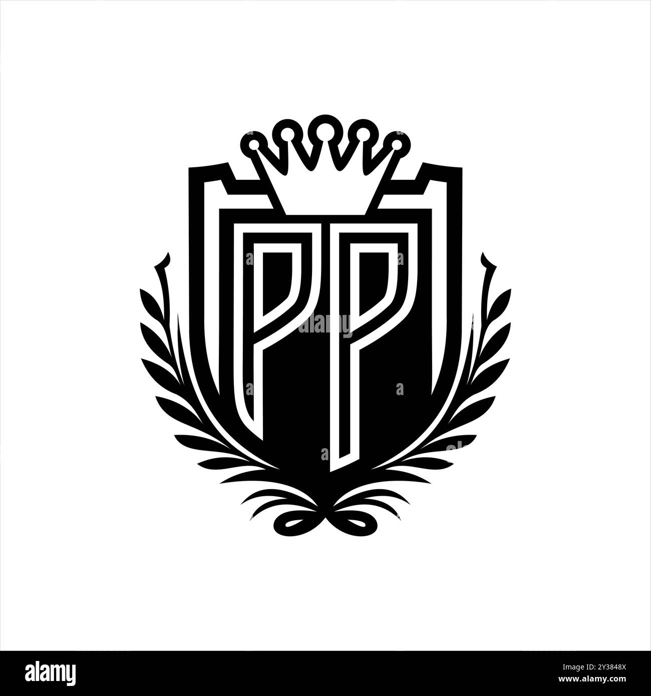 PP lettre logo forme de bouclier héraldique avec couronne, bouclier vintage sur fond blanc modèle Banque D'Images