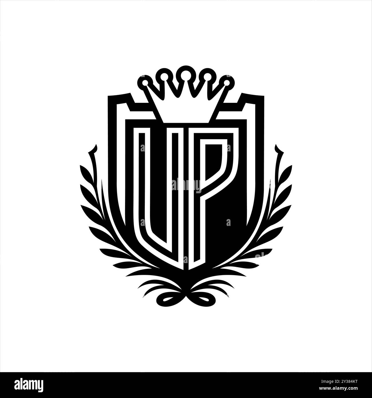 UP lettre logo forme de bouclier héraldique avec couronne, bouclier vintage sur fond blanc conception de modèle Banque D'Images