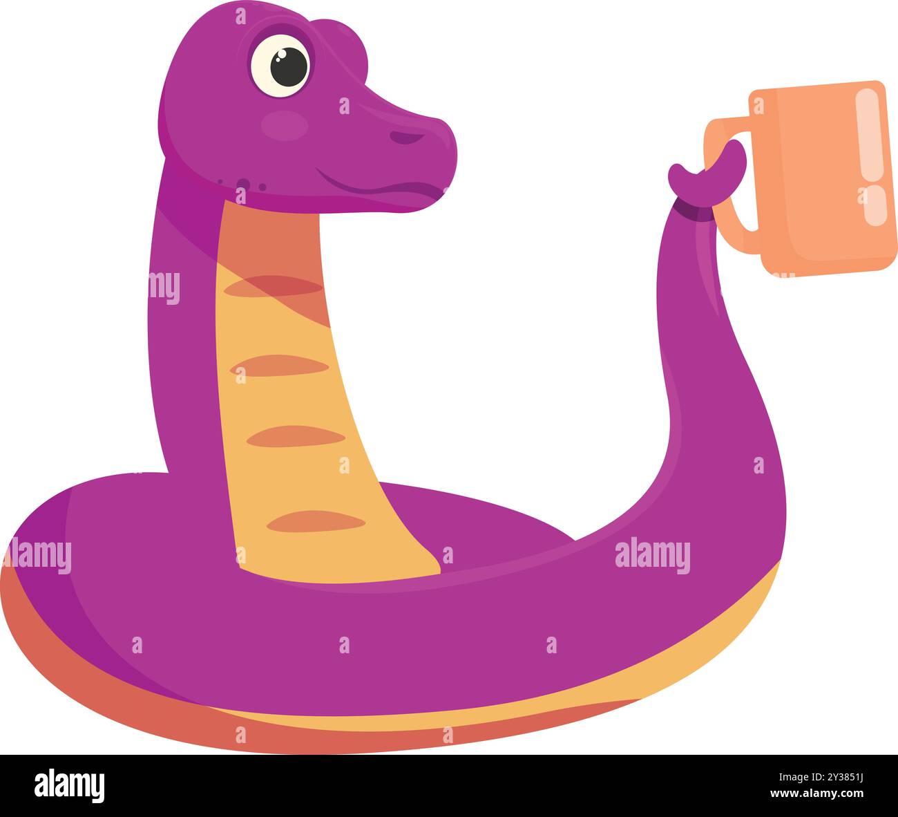 Serpent violet de dessin animé relaxant et tenant une tasse de boisson chaude Illustration de Vecteur