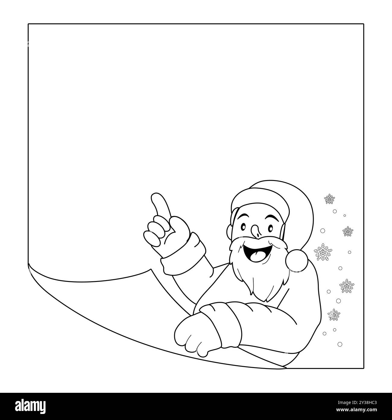 Noël Père Noël et une page blanche de papier. Joyeux Noël personnage de dessin animé Père Noël tenant un signe blanc. Coloriage noir et blanc. Banque D'Images