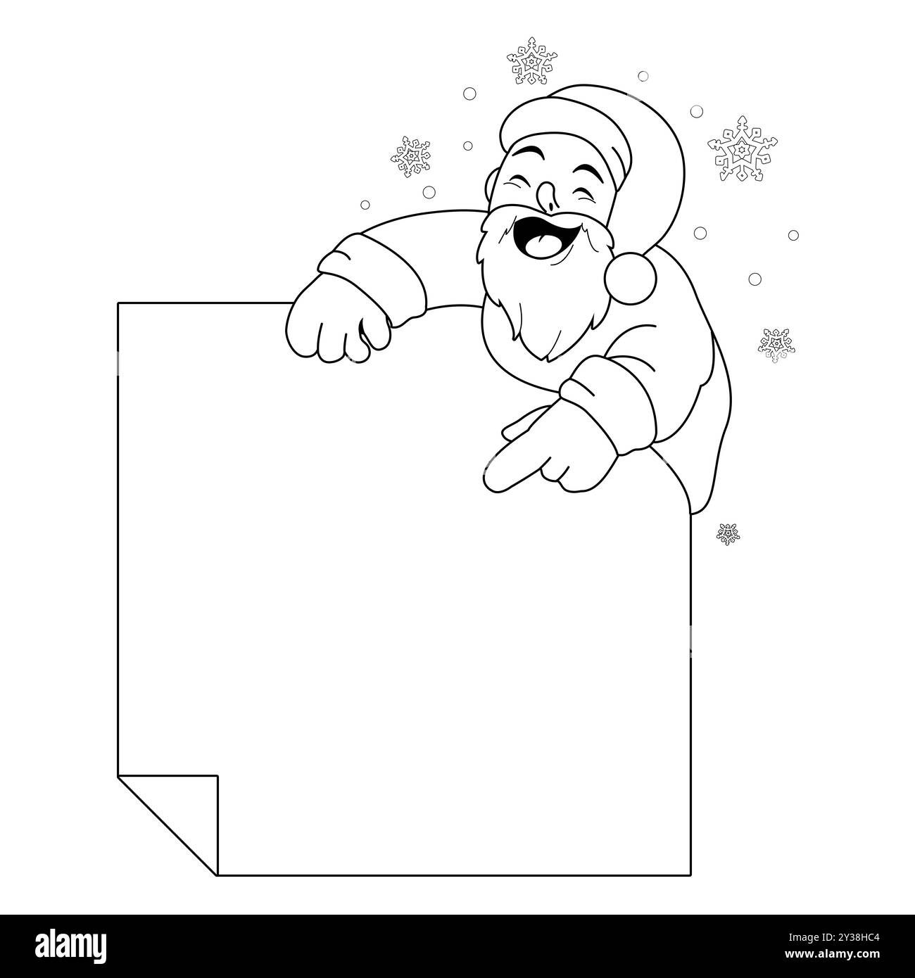 Père Noël tenant une pancarte. Joyeux Noël personnage de dessin animé Père Noël tenant un signe blanc. Coloriage noir et blanc. Banque D'Images