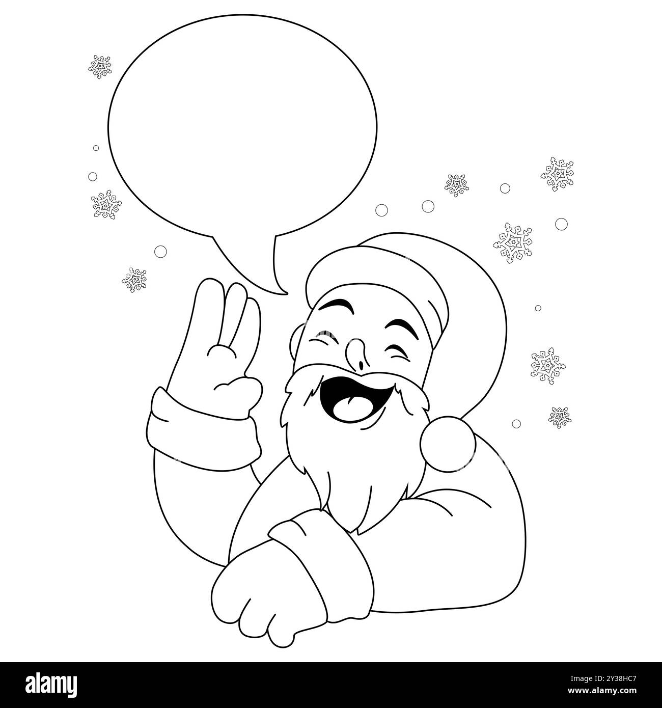 Père Noël avec bulle de discours parlant. Joyeux Noël dessin animé Père Noël personnage. Coloriage noir et blanc. Banque D'Images