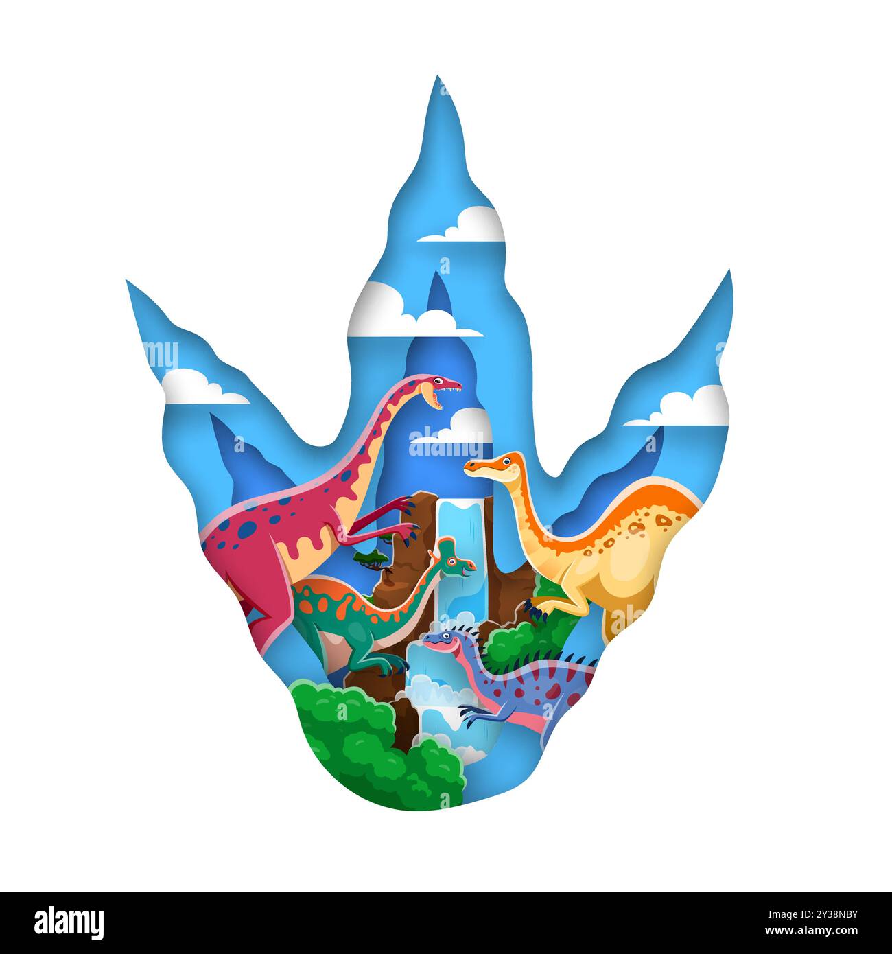 Empreinte de dinosaure préhistorique dans le style de coupe de papier avec des personnages de lézard jurassique, vecteur de dessin animé. Dinosaures et bannière mondiale des animaux dinosaures drôles préhistoriques pour les enfants Jurassique paléontologie et histoire Illustration de Vecteur