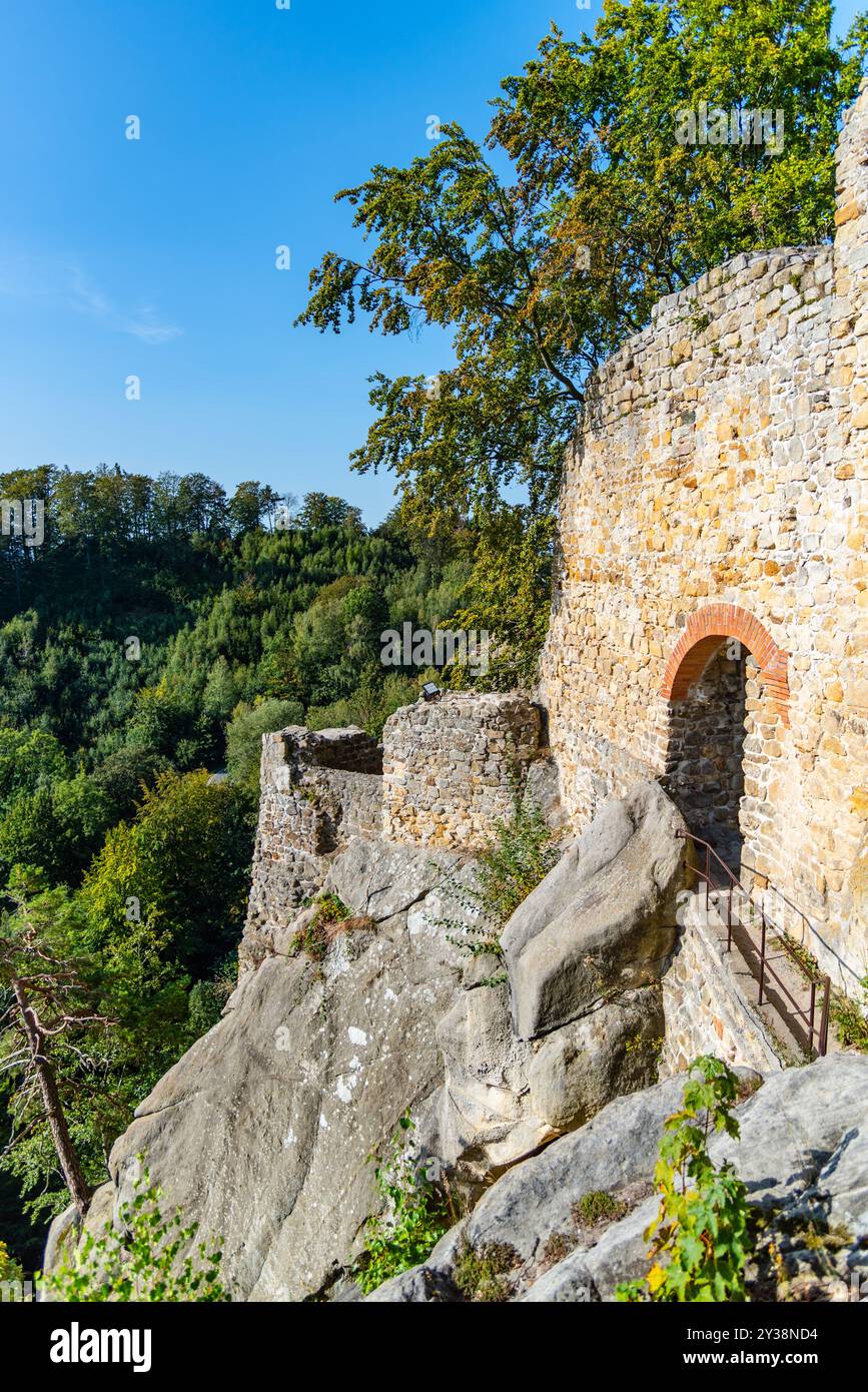 Les ruines du château de Frydstejn se dressent fièrement au milieu du paysage paradisiaque de Bohême, présentant d'anciens murs de pierre et une végétation luxuriante sous un ciel bleu clair Banque D'Images