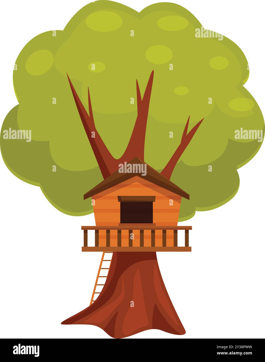 Charmante cabane dans les arbres nichée au milieu des branches d'un arbre feuillu, offrant un refuge parfait pour le jeu imaginatif et l'aventure Illustration de Vecteur