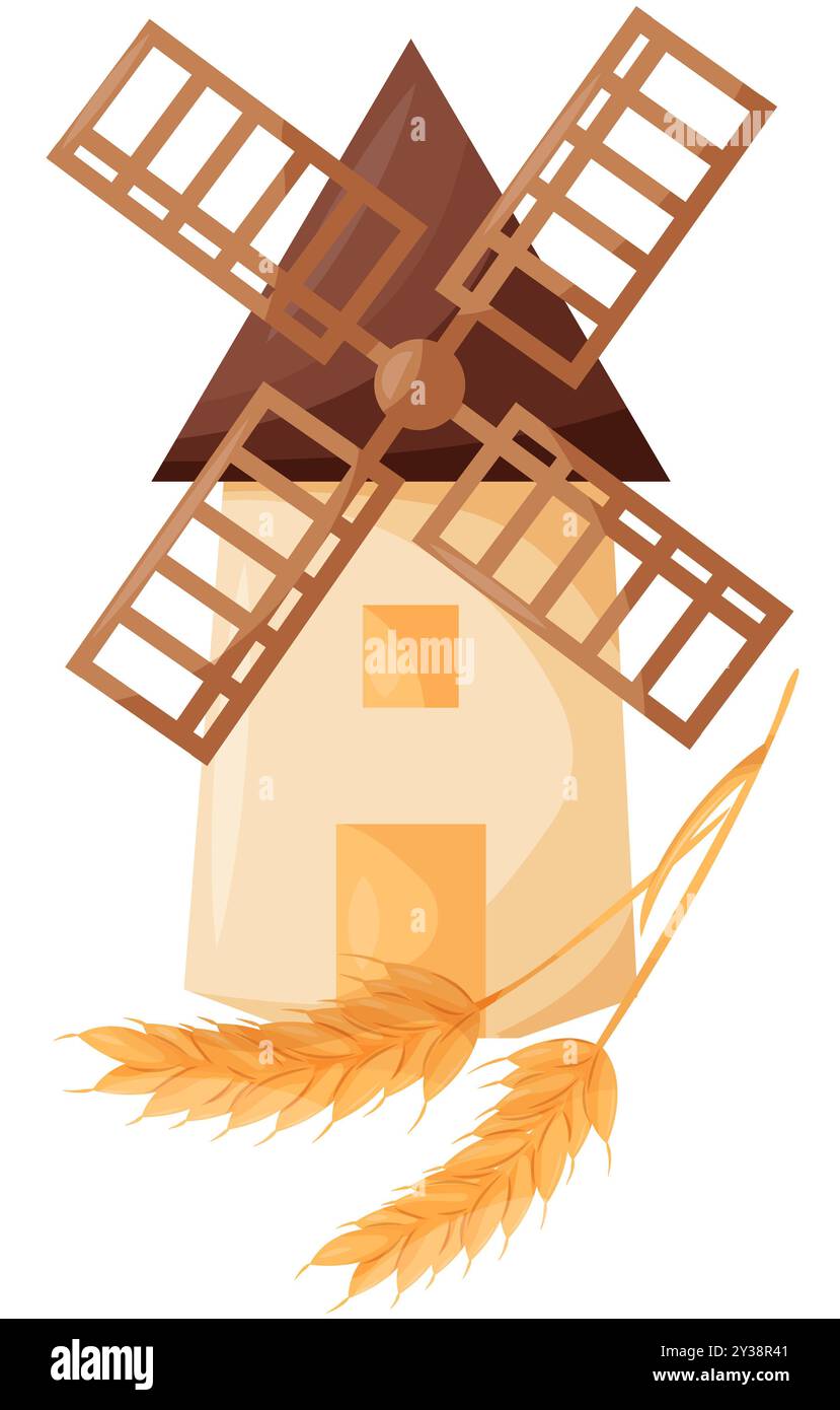 Moulin de village de vecteur avec illustration de branche de blé jaune, composition de récolte d'automne Banque D'Images
