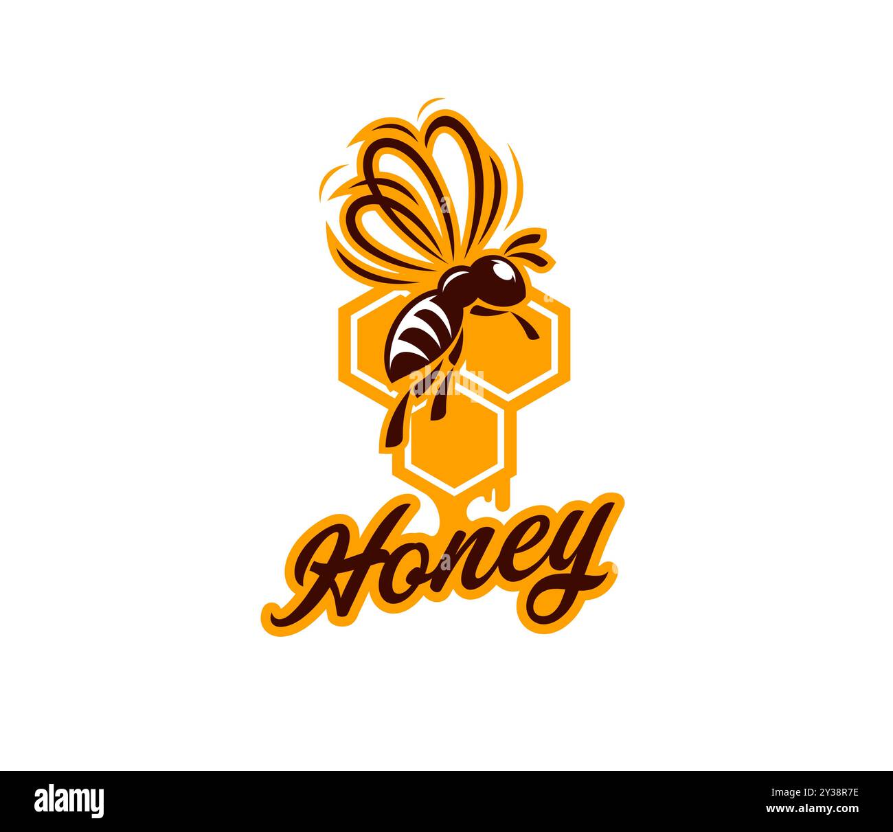 Icône d'abeille, emblème d'apiculture et de produits de rucher avec une abeille dans des peignes hexagonaux jaunes et lettrage brun. Étiquette vectorielle isolée mettant l'accent sur les thèmes de la nature, de l'agriculture et de la durabilité Illustration de Vecteur