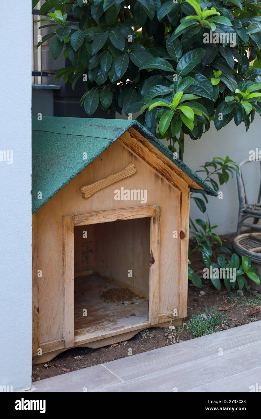 Maison de chien en bois nichée à côté d'une végétation luxuriante dans un cadre paisible de cour arrière Banque D'Images