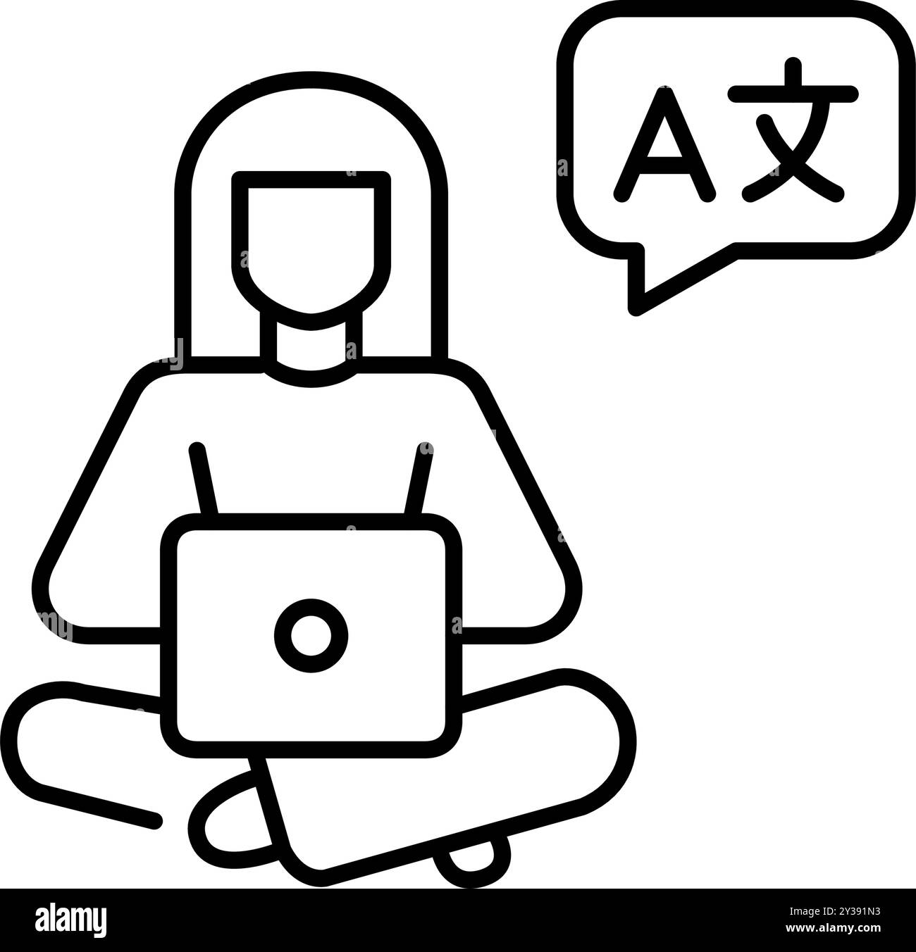 Femme à l'ordinateur portable apprenant des langues étrangères. Pixel Perfect, icône de vecteur de contour modifiable Illustration de Vecteur