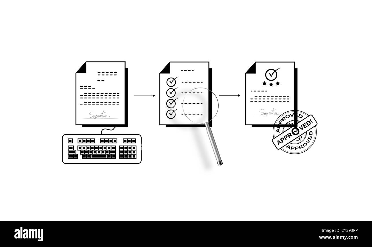 Concept d'approbation de projet d'entreprise. Illustration des documents, du clavier, de la loupe et du tampon approuvé pour le flux de travail du processus d'approbation sur le ca blanc Banque D'Images