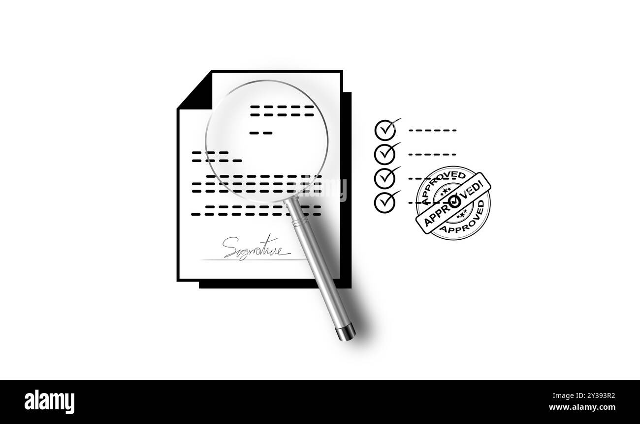 Concept d'approbation de projet d'entreprise. Illustration des documents, loupe, liste de contrôle et tampon approuvé pour le flux de travail du processus d'approbation Banque D'Images