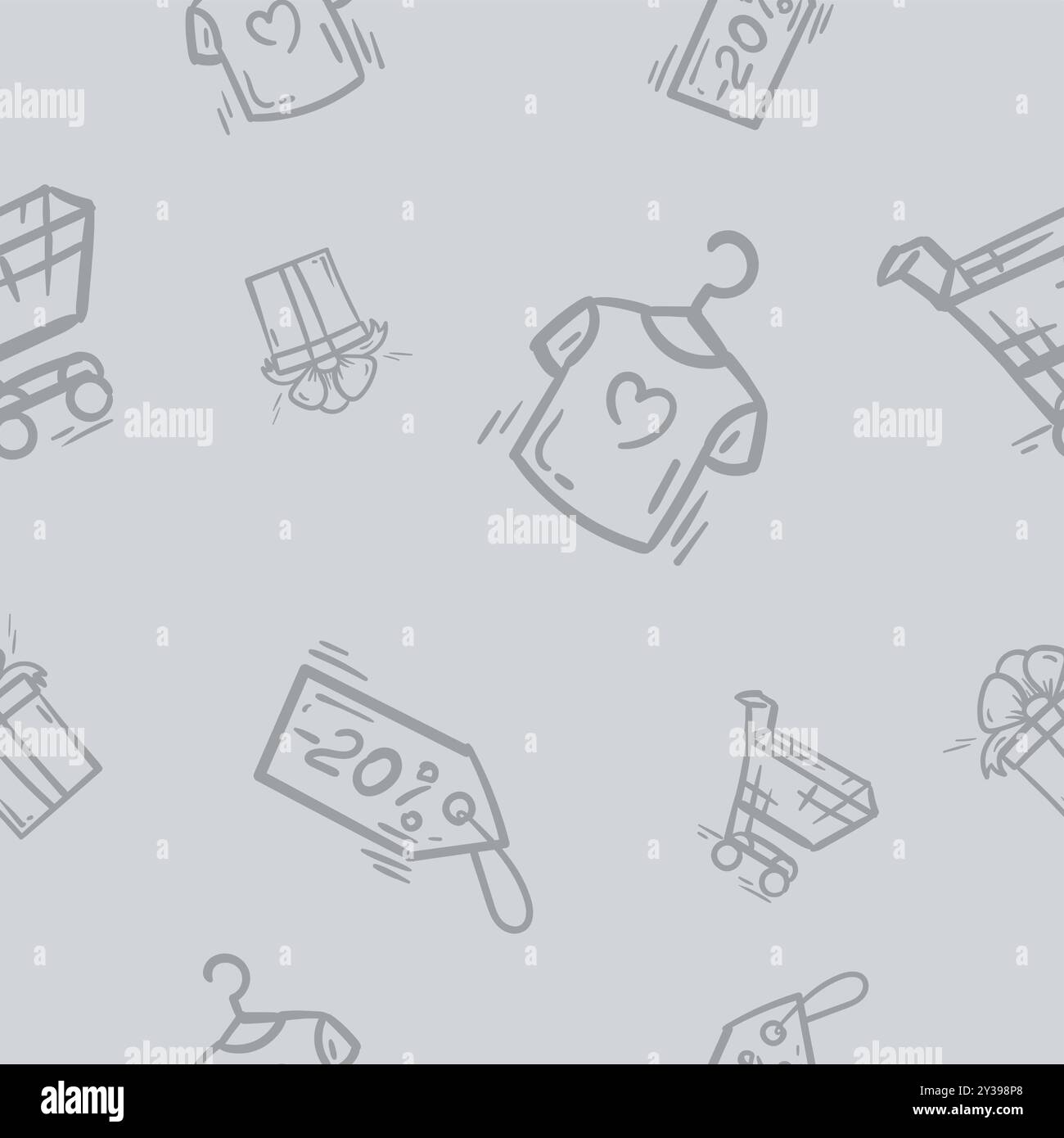 Modèle simple sans couture avec t-shirt, coupon de réduction, cadeau, chariot de supermarché. Fond avec shopping, promotions Illustration de Vecteur
