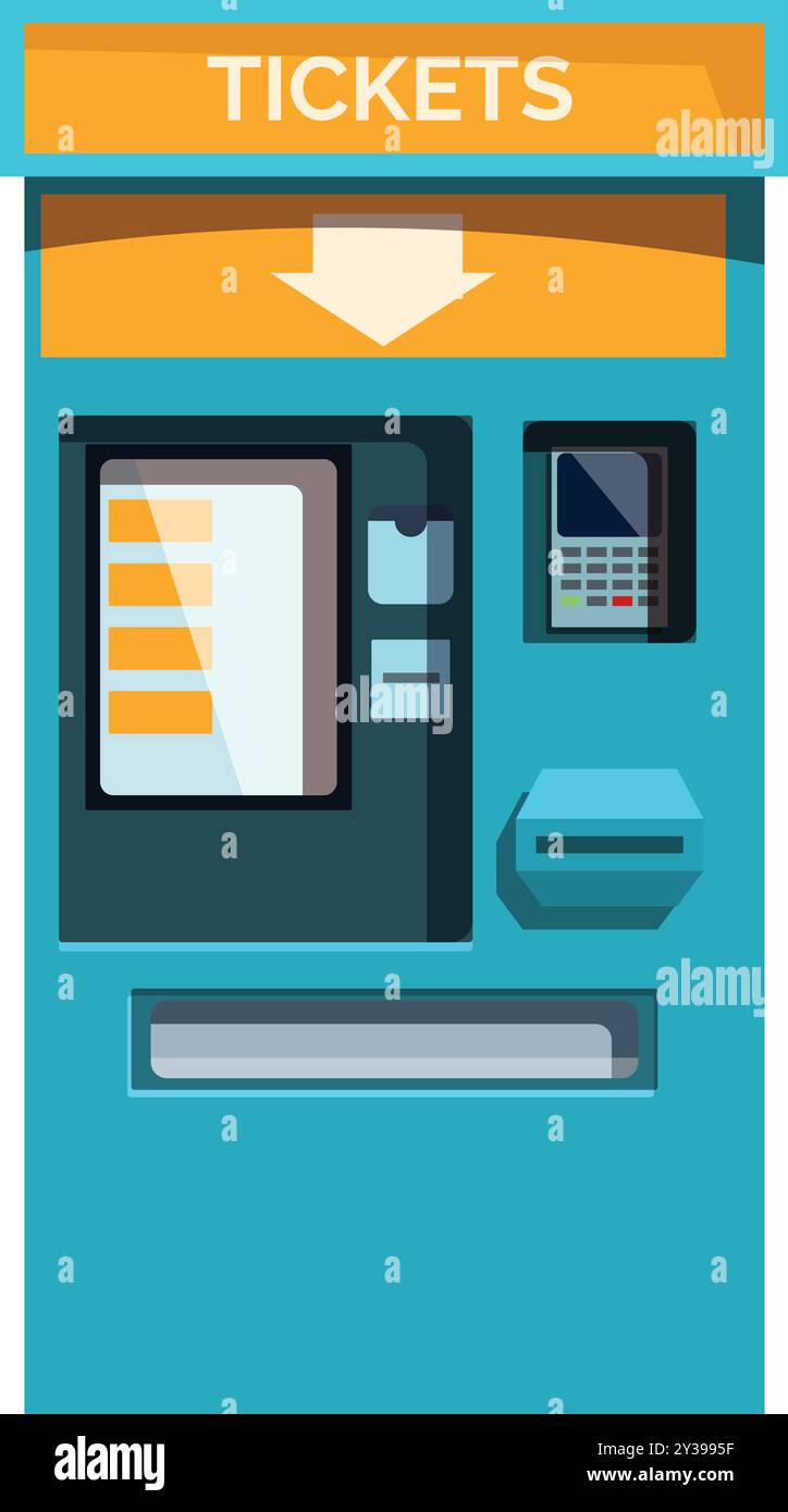 Distributeur de billets bleu affichant les options de paiement, avec écran numérique et lecteur de carte, facilitant la billetterie en libre-service Illustration de Vecteur