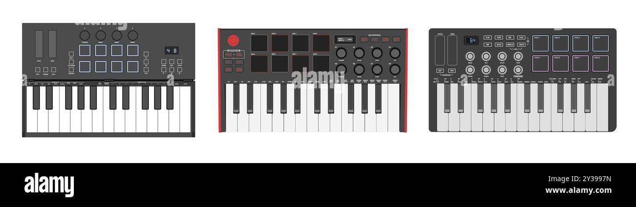 Ensemble de petits synthétiseurs, contrôleur MIDI. Deux octaves clavier, pads de batterie et boutons. Instrument de musique électronique, illustration vectorielle. Illustration de Vecteur