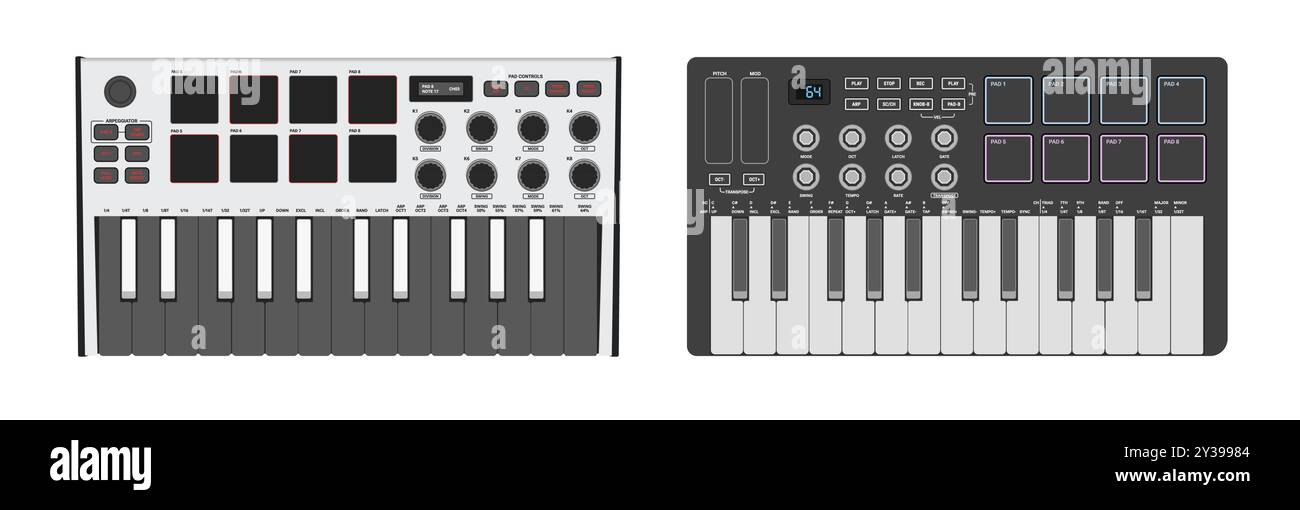 Instrument de musique numérique. Synthétiseur réaliste, contrôleur midi. Deux octaves de touches, pads et boutons. Illustration de Vecteur