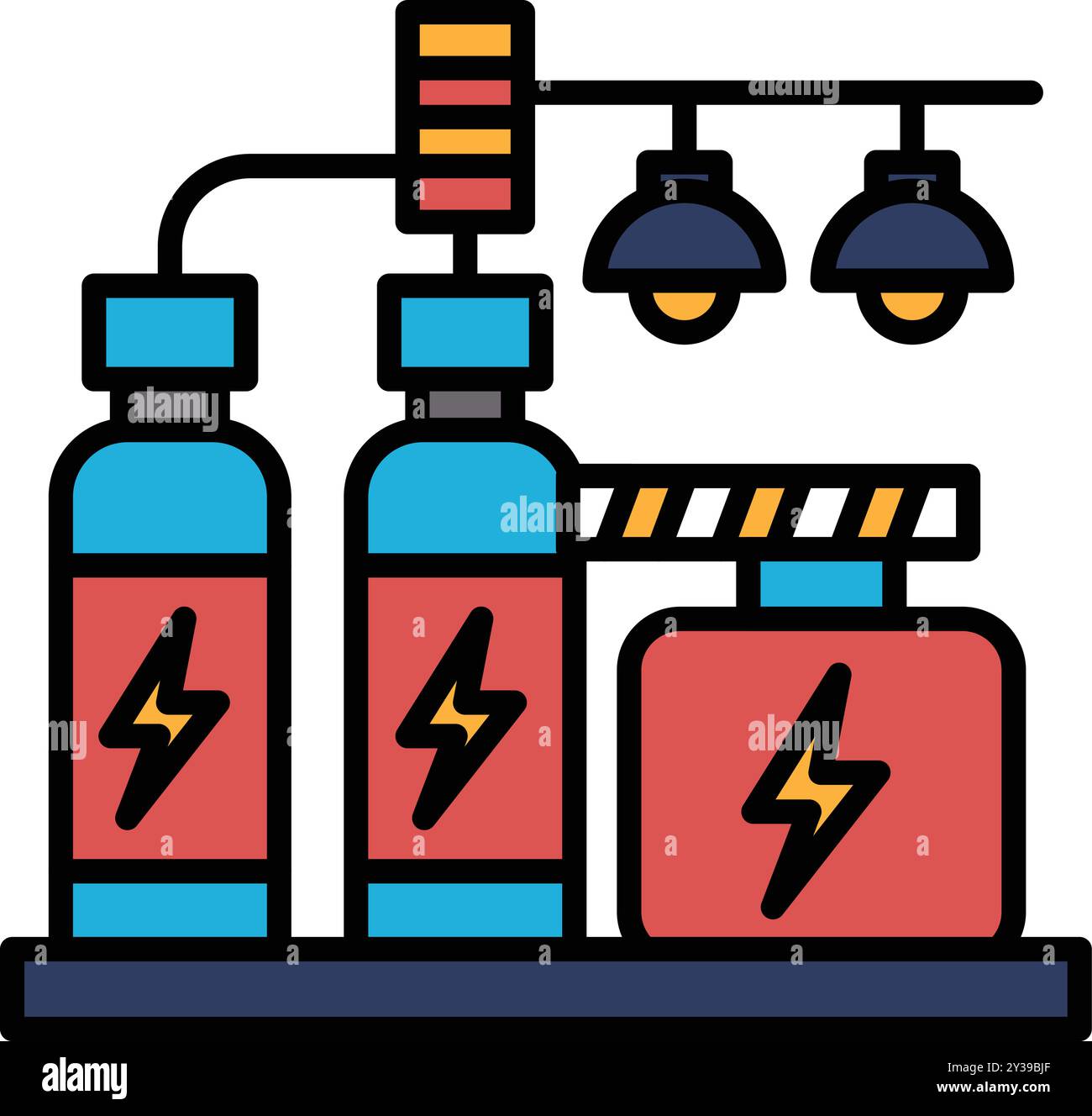 Un dessin d'une usine avec un schéma de couleurs rouge et bleu. L'usine produit de l'électricité. Le dessin est dans un style de dessin animé Illustration de Vecteur