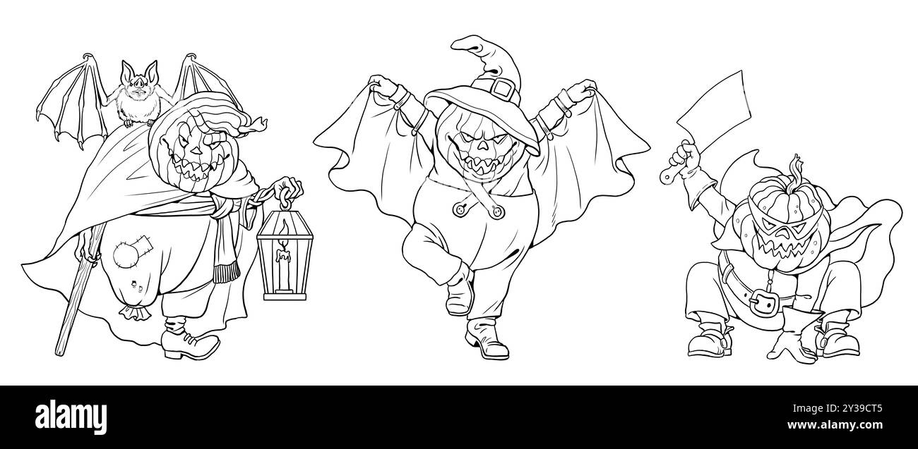 Dessin fait à la main avec des citrouilles effrayantes. Fantômes d'Halloween à colorier. Banque D'Images