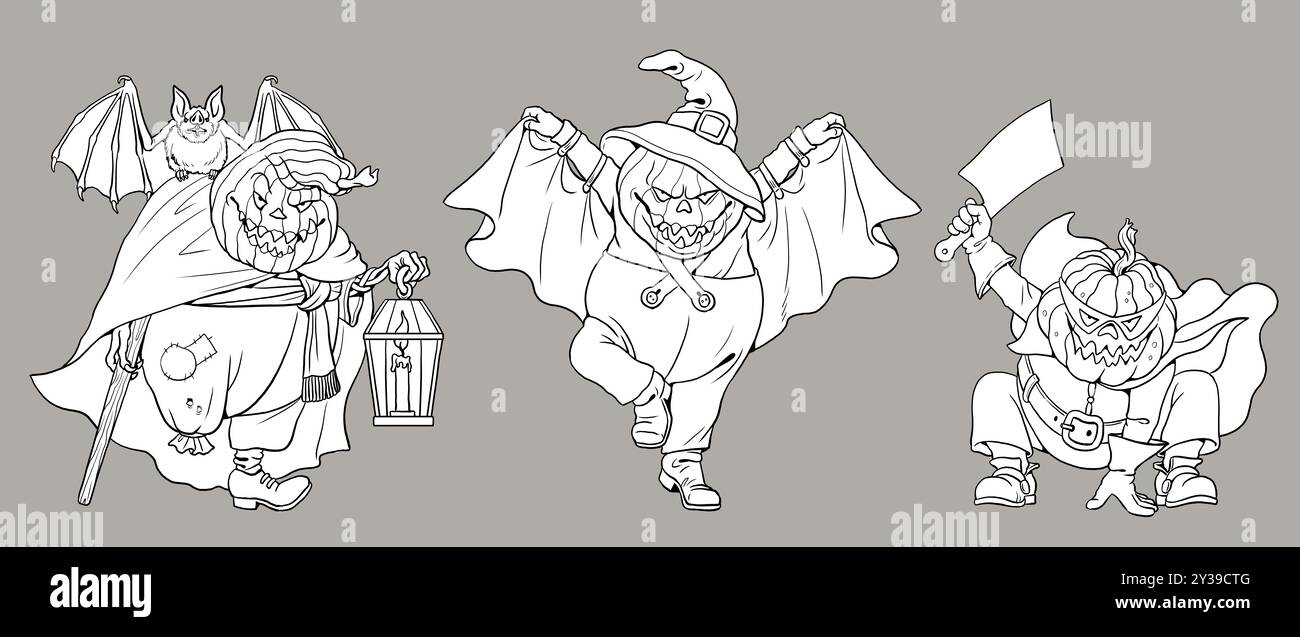 Dessin fait à la main avec des citrouilles effrayantes. Fantômes d'Halloween à colorier. Banque D'Images