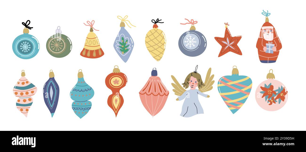 Jolie boule de Noël ou illustration vectorielle de jouet vintage de noël. Design plat, style dessiné à la main. Décoration de Noël. Joyeuses fêtes de fin d'année. Illustration de Vecteur