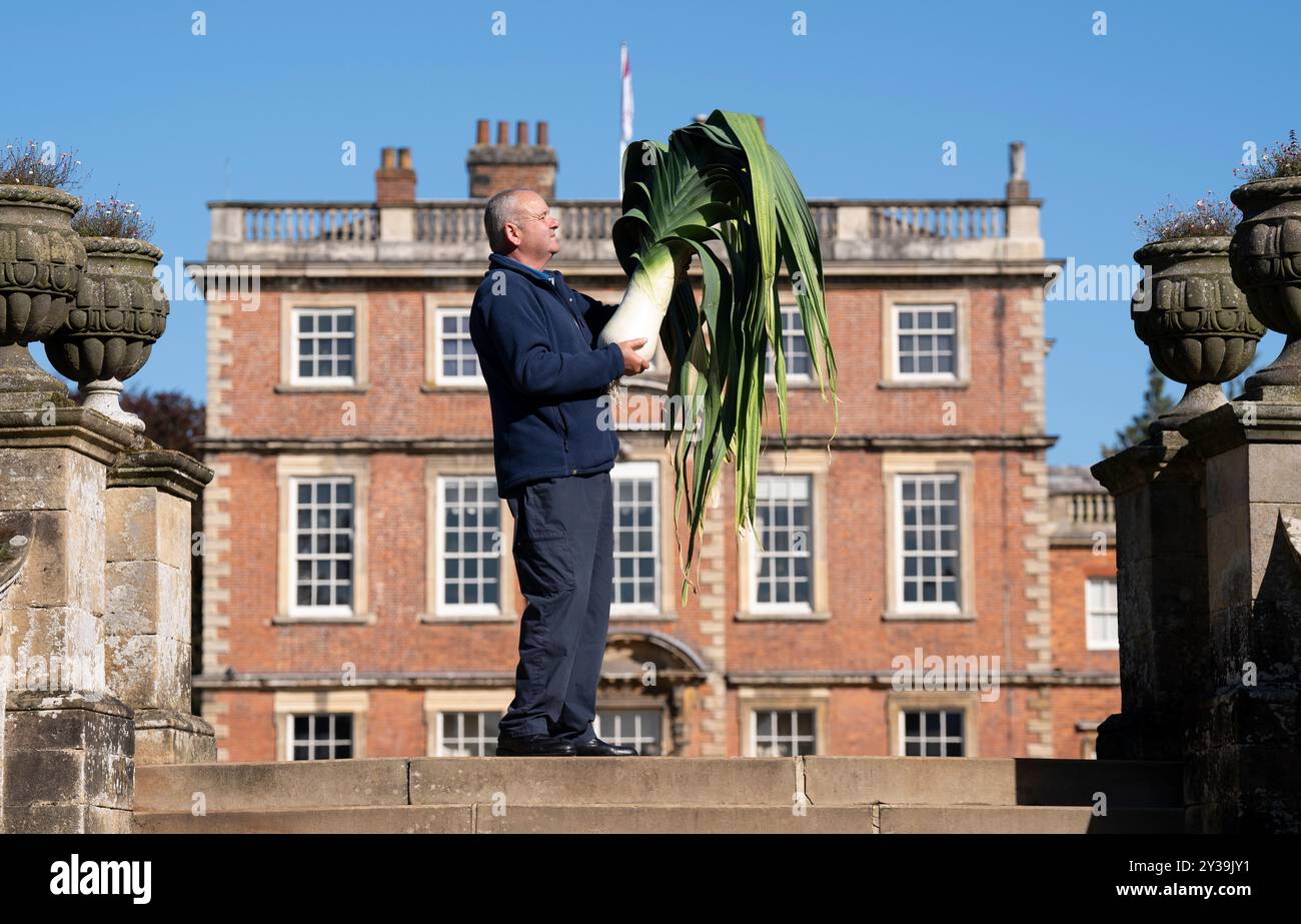 Stephen Purvis avec son poireau de 8,960 kg qui a remporté la 1ère place dans la catégorie poireau le plus lourd au concours de légumes géants au Harrogate Autumn Flower Show à Newby Hall and Gardens près de Ripon. Date de la photo : vendredi 13 septembre 2024. Banque D'Images