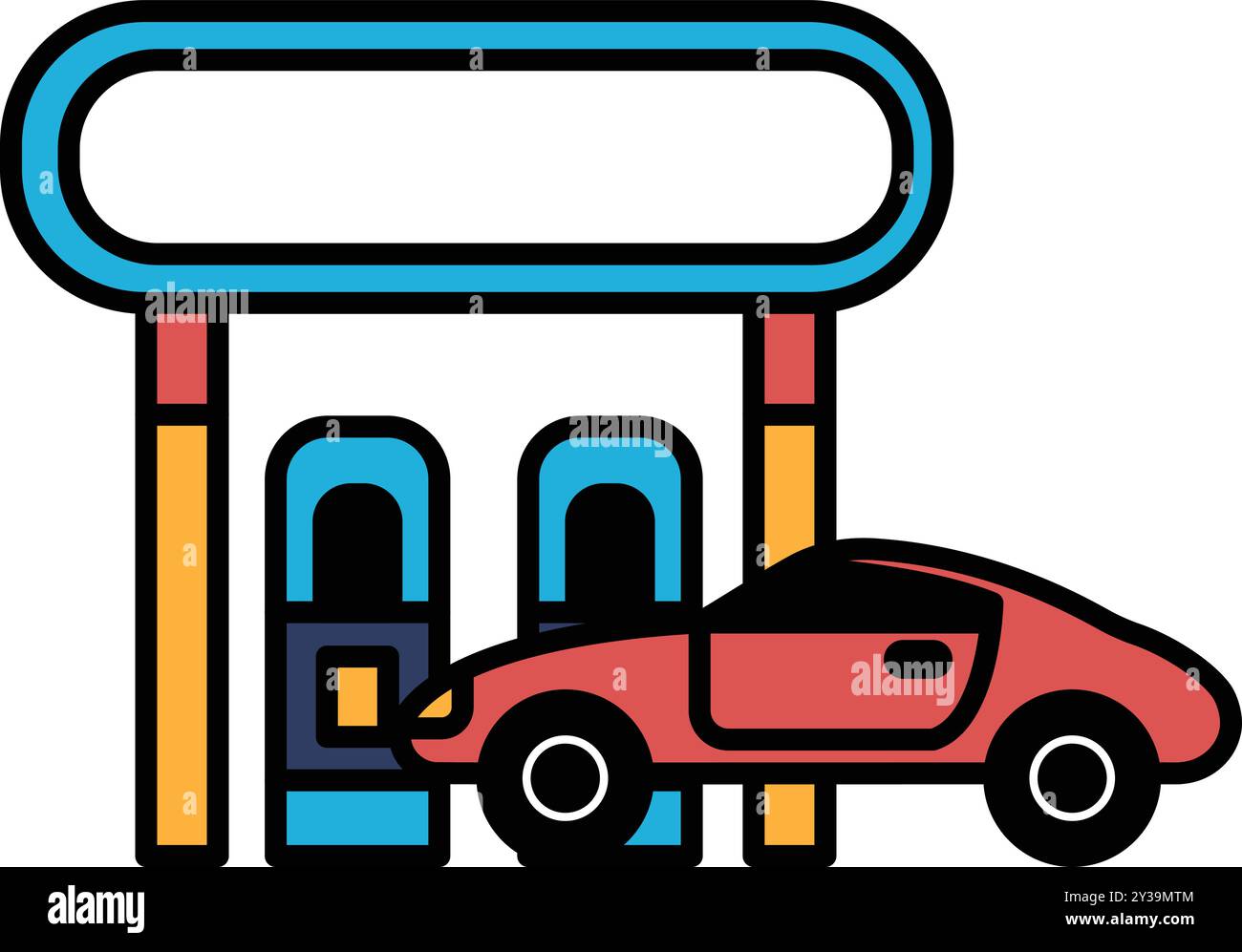 Une voiture rouge est garée devant une station-service Illustration de Vecteur