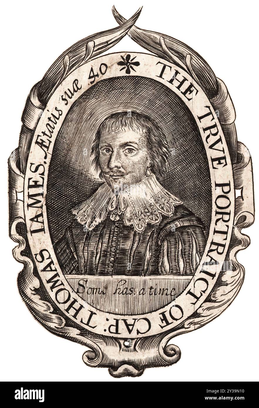Capitaine Thomas James (1593-1635), capitaine de mer gallois, navigateur et explorateur, qui partit à la découverte du passage du Nord-Ouest, gravure de portrait, 1633 Banque D'Images