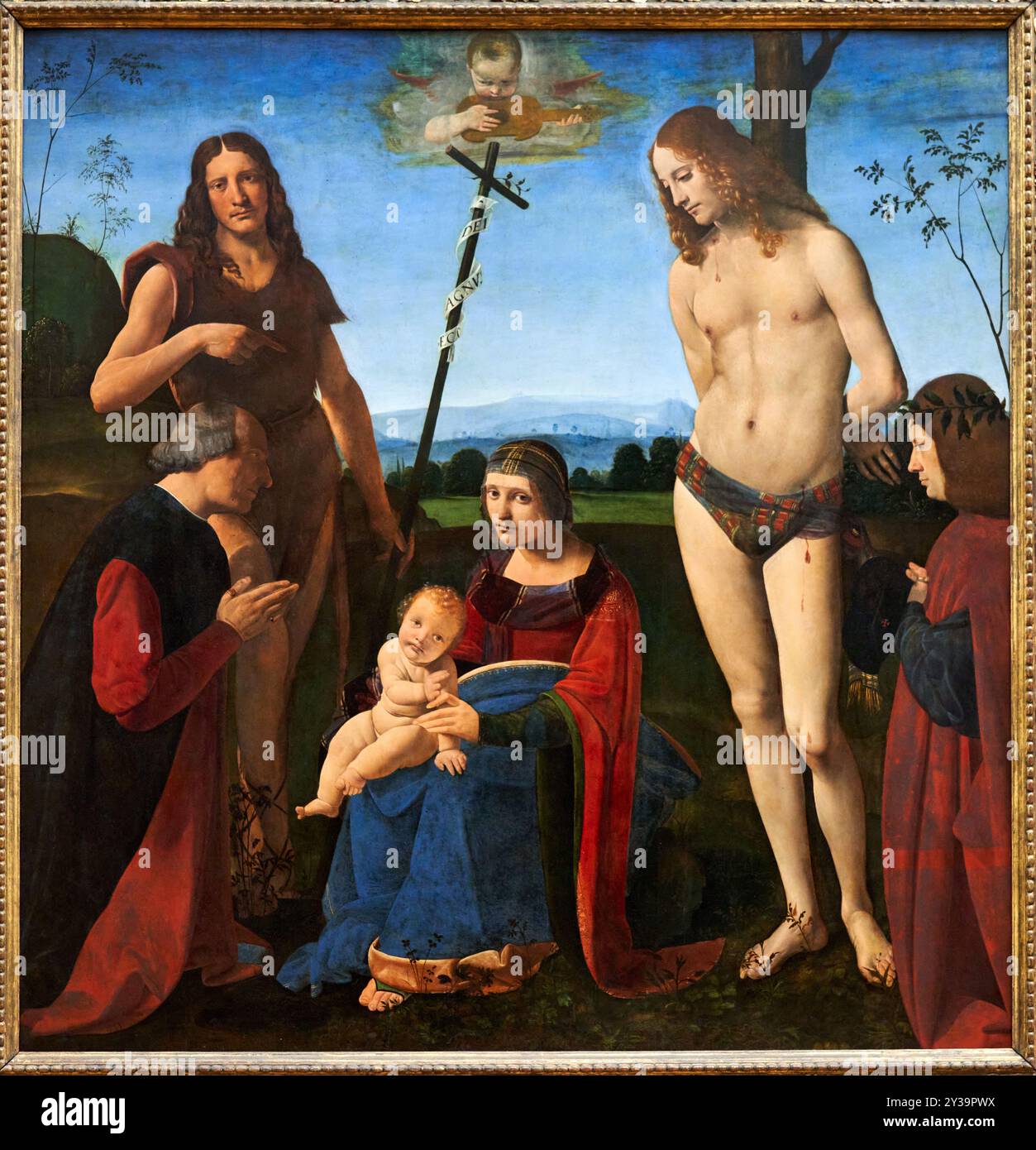 La Vierge à l'enfant avec Saint Jean Baptiste et Saint Sébastien et deux donateurs, connu sous le nom de Pala Casio, huile sur panneau, 1500, Giovanni Antonio bol Banque D'Images