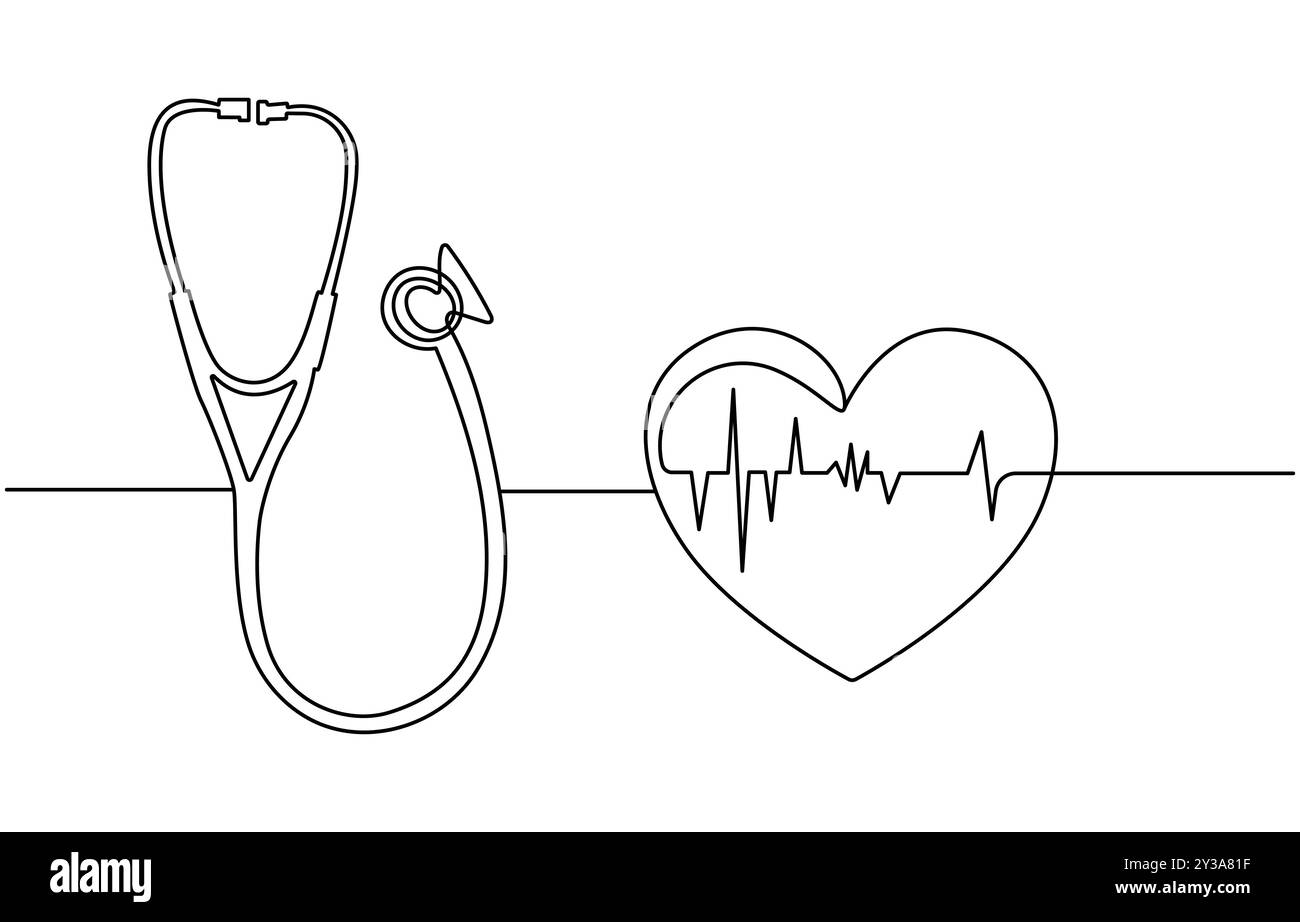 Stéthoscope dessiné une ligne simple continu silhouette d'image dessinée à main levée, Doctors Day dessin continu d'une ligne d'art vectoriel stéthoscope Illustration de Vecteur