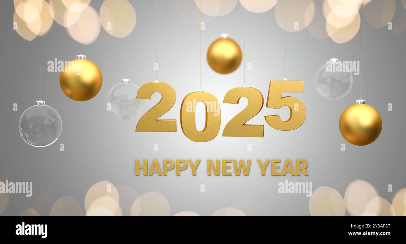 Bonne année 2025 - les numéros d'or 2025 accrochés à des cordes entourés de boules de noël en verre doré et transparent accrochées à des cordes. Boke Banque D'Images