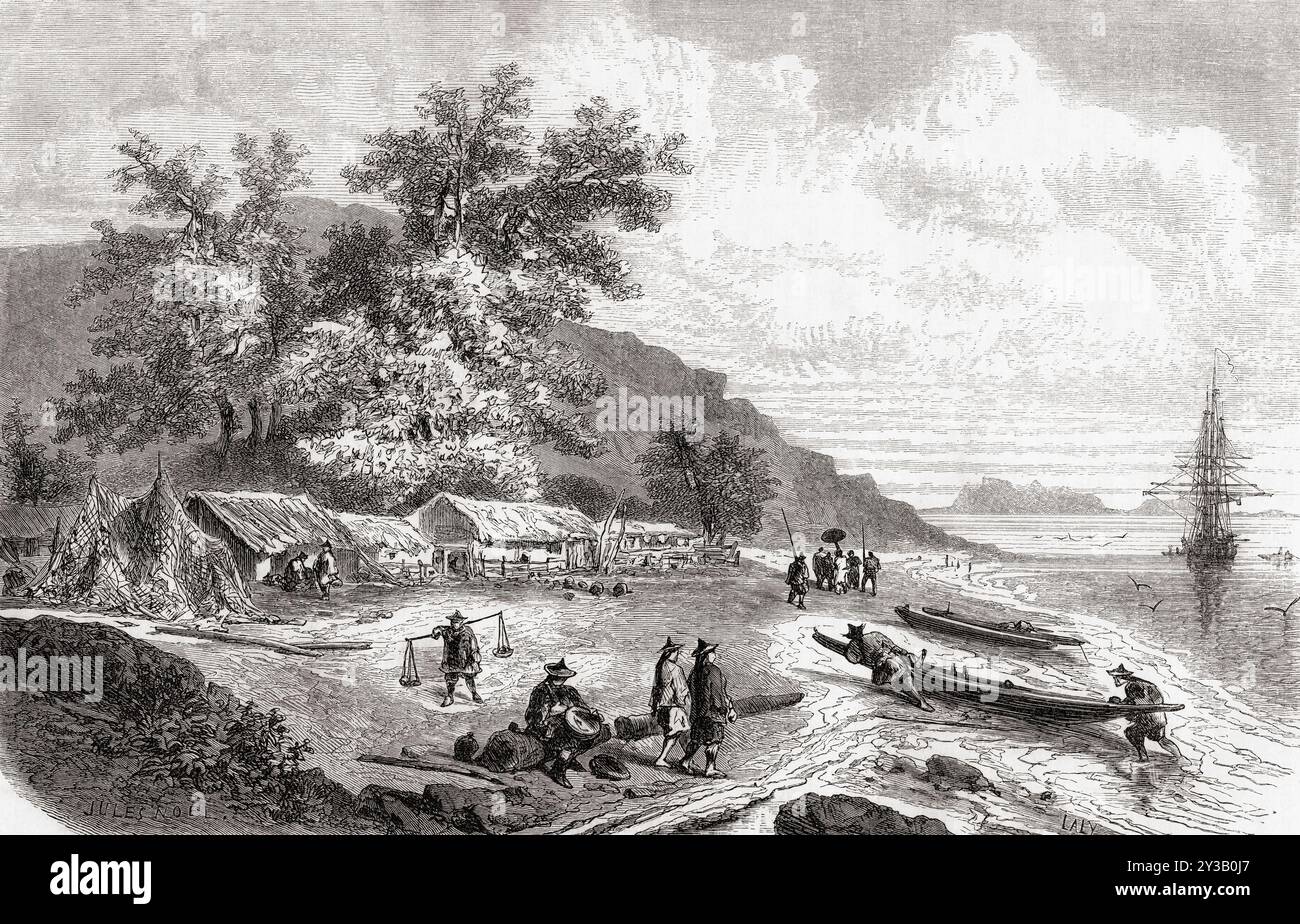 Un village au bord d'une rivière à Saigon, 19ème siècle. Extrait du Tour du monde, paru à Paris, 1860. Banque D'Images
