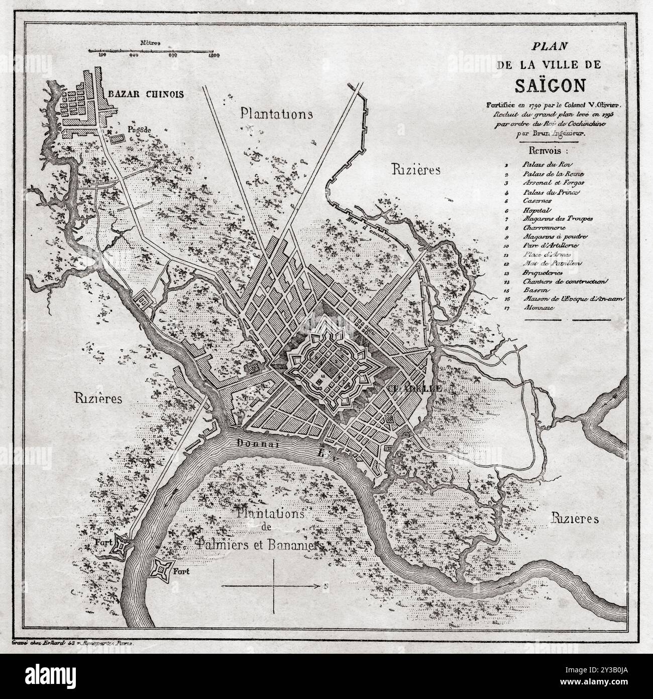 Plan des rues du centre de Saigon, aujourd'hui Hô Chi Minh-ville, Vietnam, Asie du Sud-est, XIXe siècle. Extrait du Tour du monde, paru à Paris, 1860. Banque D'Images