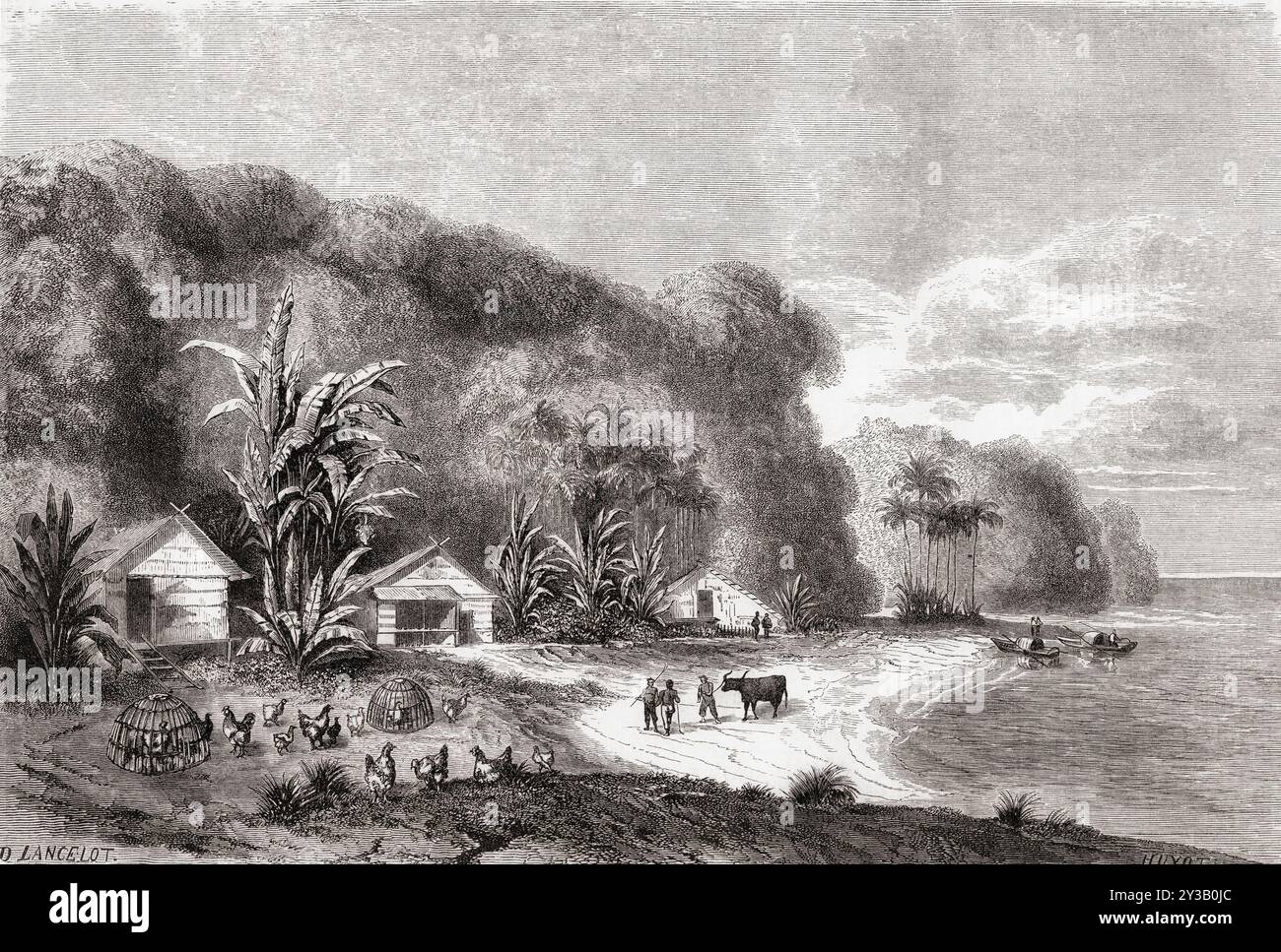 Un village dans l'une des embouchures de la rivière Saigon, Saigon, aujourd'hui Ho Chi Minh ville, Vietnam, Asie du Sud-est, 19ème siècle. Extrait du Tour du monde, paru à Paris, 1860. Banque D'Images