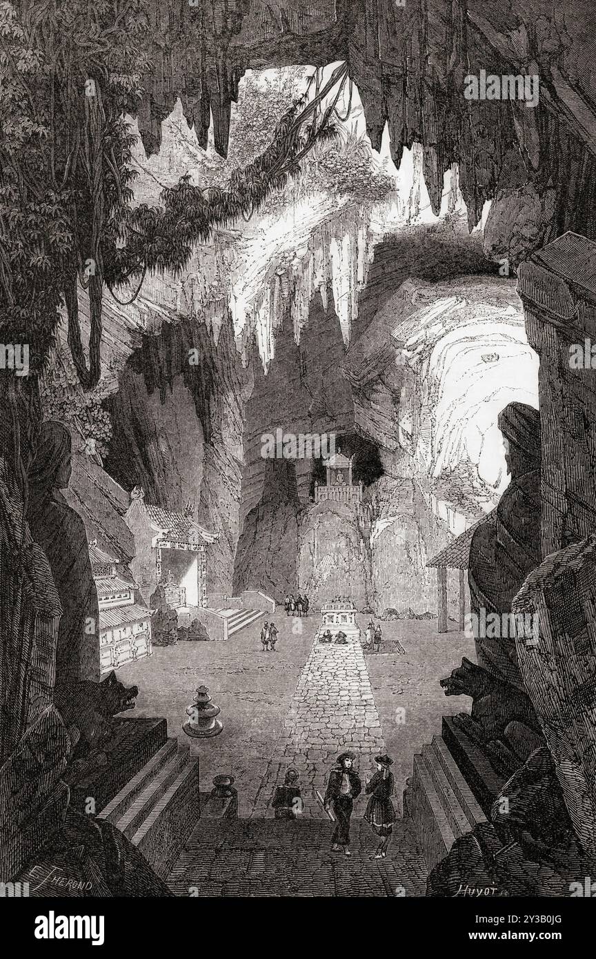 Temple bouddhiste souterrain dans les rochers de marbre près de Tourane (Da Nang) Vietnam, Asie du Sud-est. Extrait du Tour du monde, paru à Paris, 1860. Banque D'Images